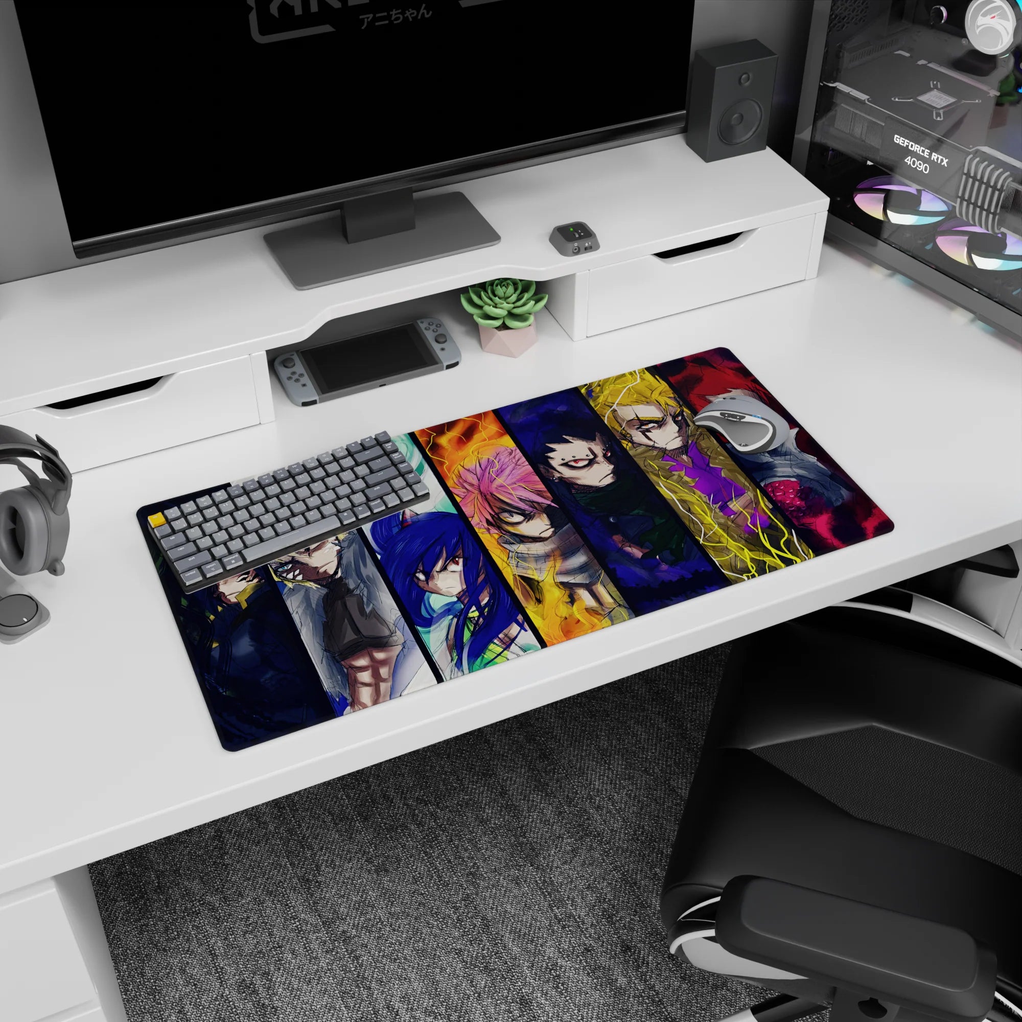 32x16 inches anime mouse pad showing a lineup of sharp-eyed fighters with scarves, armor, rugged collars.