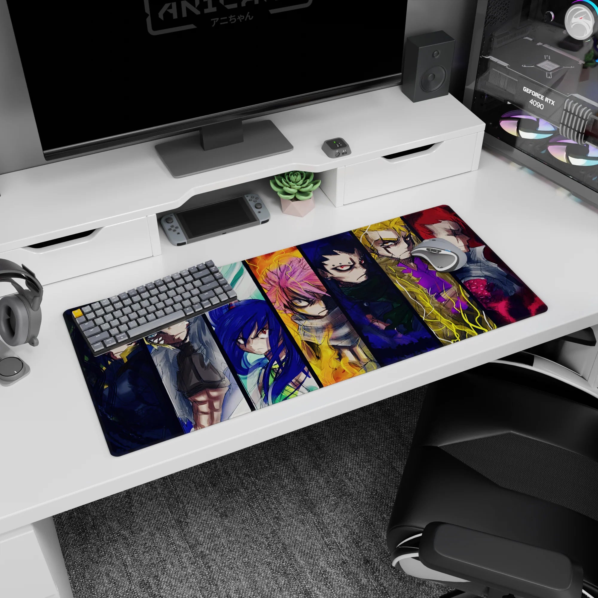 36x16 inches anime desk pad showing a team lineup of battle-worn faces with scarves, armor plates, sharp eyes.