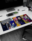 36x16 inches anime desk pad showing a team lineup of battle-worn faces with scarves, armor plates, sharp eyes.