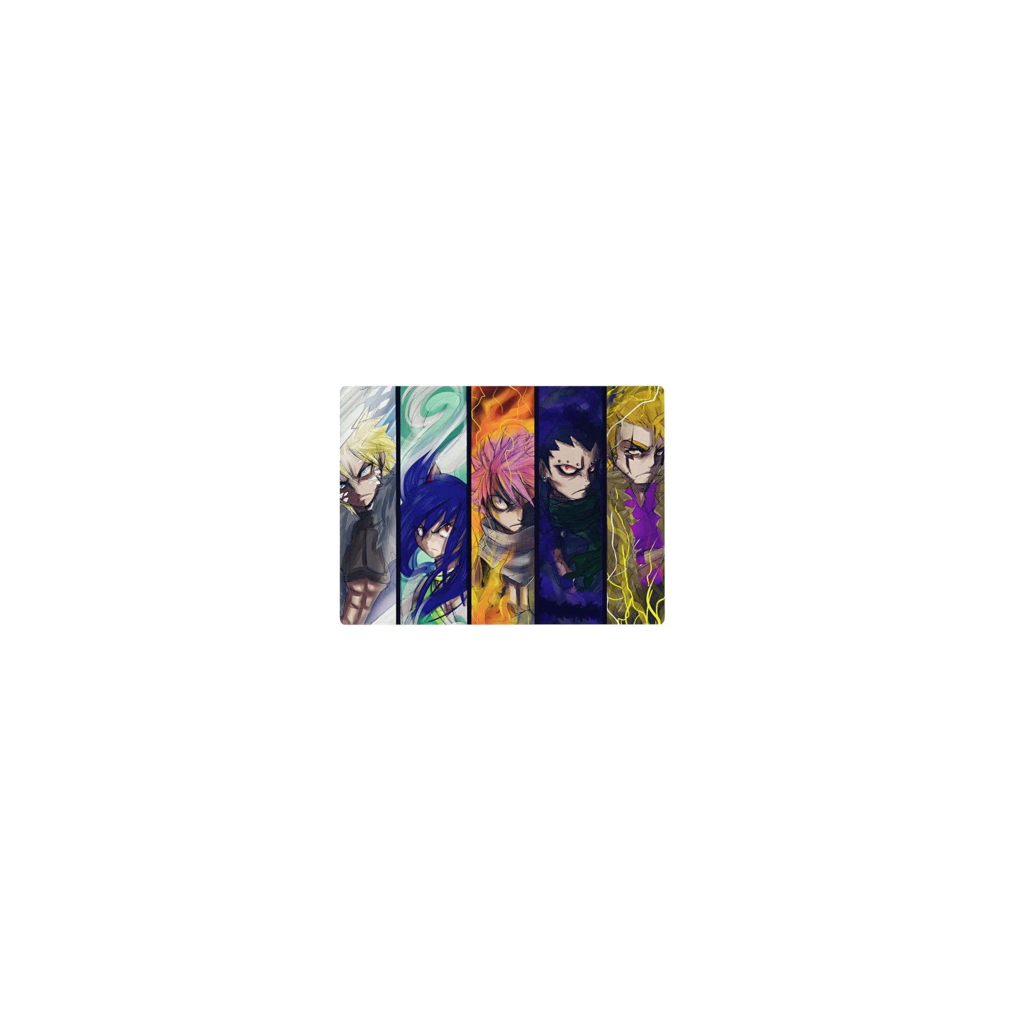 Classic anime mouse pad 14x10 inches with seven warrior portraits in stained-glass panel layout.