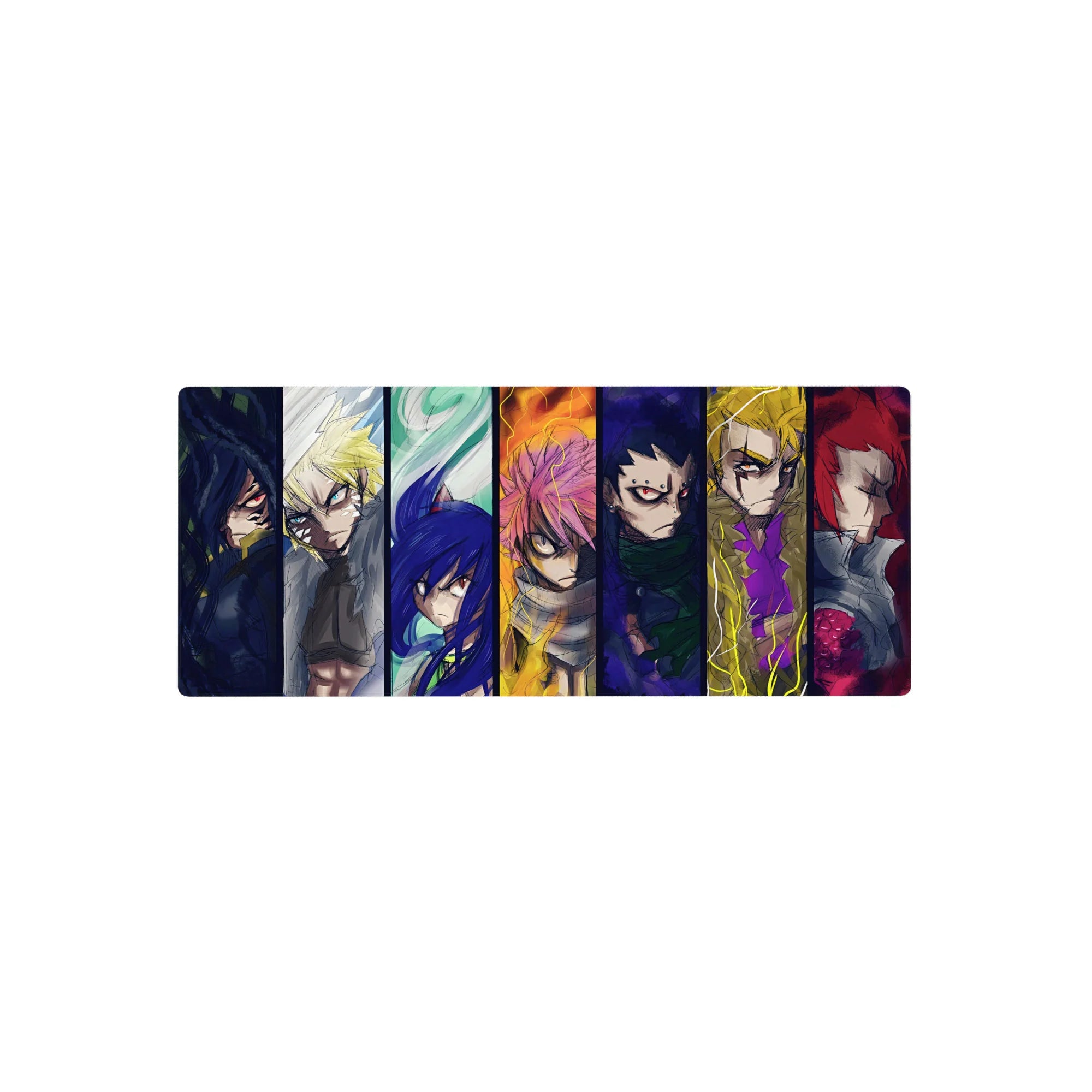 28x12 inches anime mouse pad with seven fierce warrior portraits in stained-glass panel lineup.