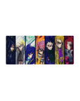 28x12 inches anime mouse pad with seven fierce warrior portraits in stained-glass panel lineup.