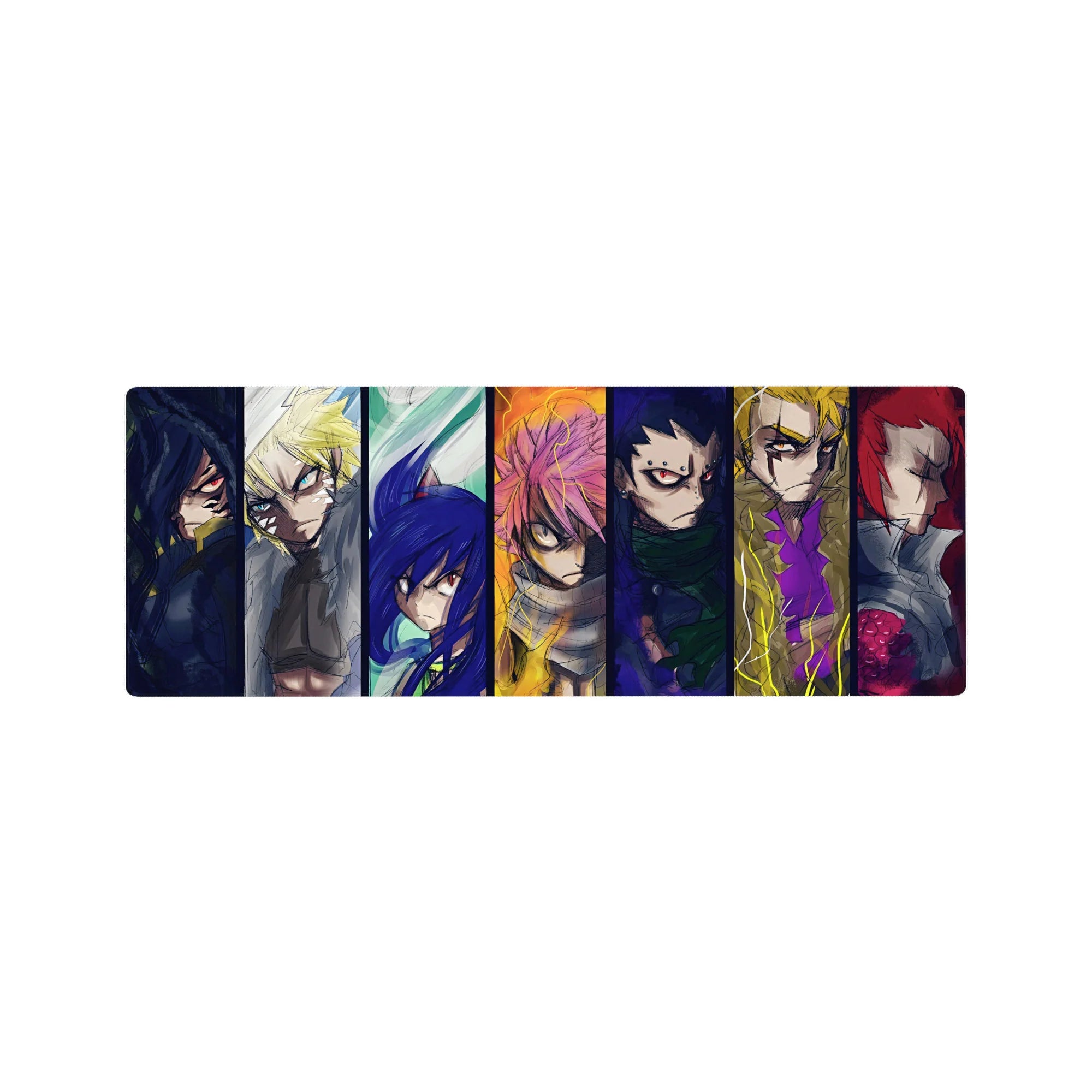 32x12 inches anime mouse pad with seven fierce warrior portraits in stained-glass panel lineup.