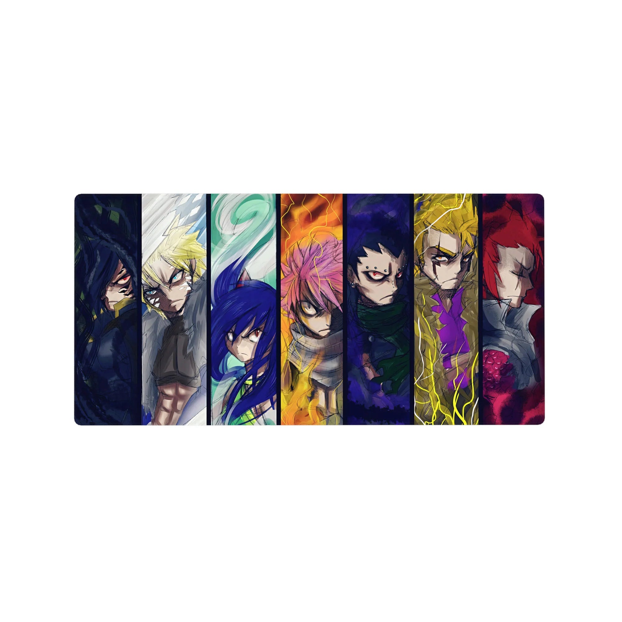 32x16 inches anime mouse pad with seven fierce warrior portraits in stained-glass panel lineup.