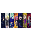 32x16 inches anime mouse pad with seven fierce warrior portraits in stained-glass panel lineup.