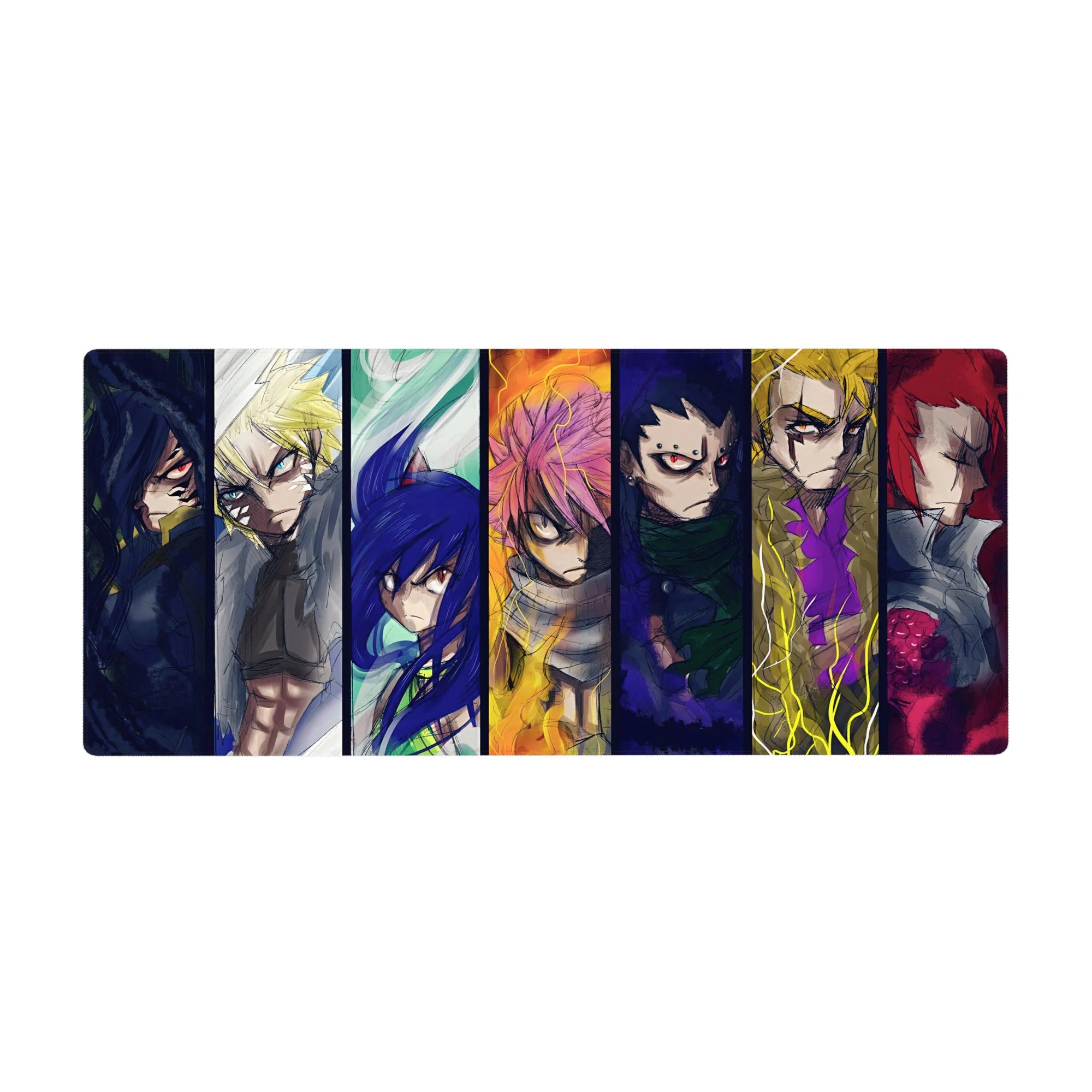 36x16 inches anime desk pad with seven fierce stained-glass style warrior portraits in bold sketch lines.