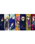 36x16 inches anime desk pad with seven fierce stained-glass style warrior portraits in bold sketch lines.