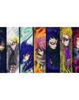 40x20 inches anime desk pad with seven fierce portraits in stained-glass panel lineup, bold armor and scarves.