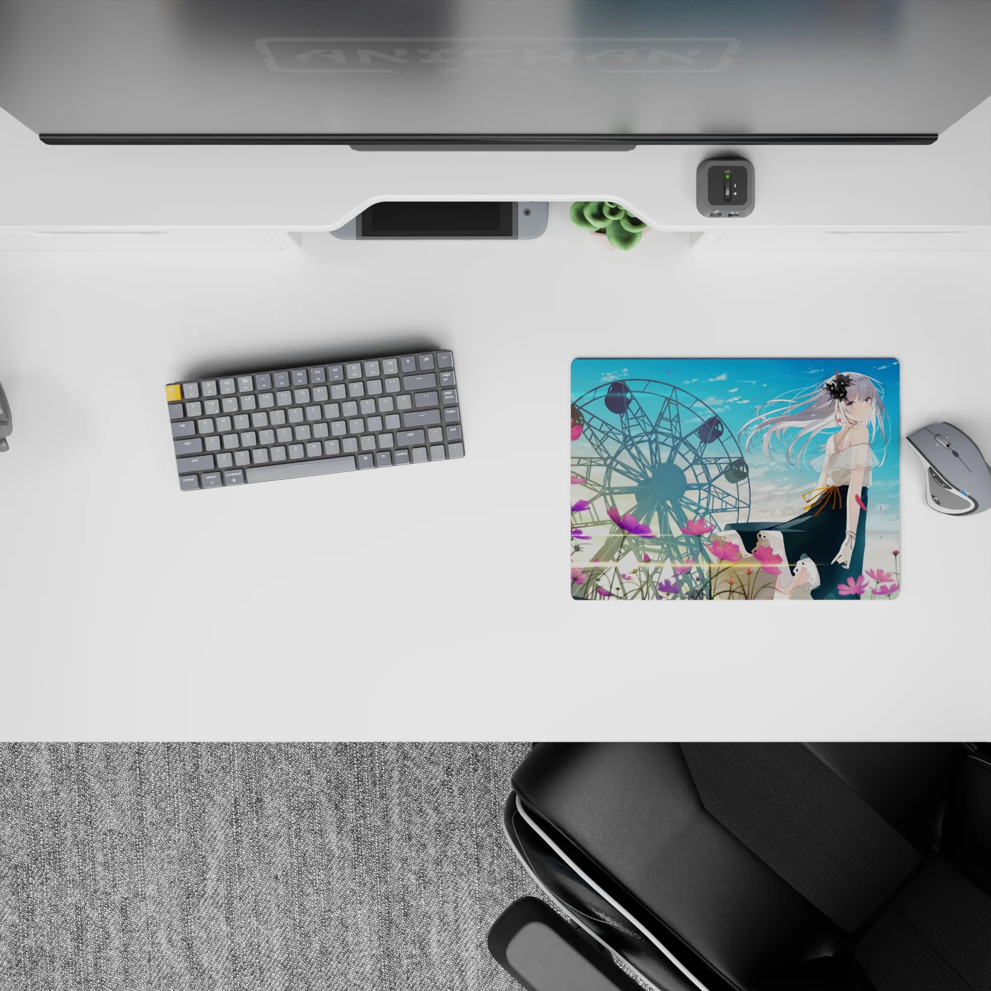 Pastel blue and pink anime girl mouse pad 14x10 inches with calm romantic summer vibe.