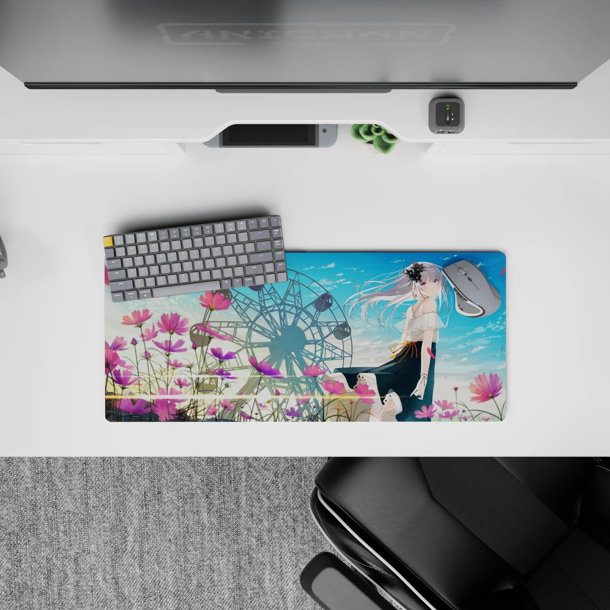 28x12 inches pastel blue and pink anime desk mat with dreamy summer romance vibe and gentle sparkle.