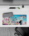 28x12 inches pastel blue and pink anime desk mat with dreamy summer romance vibe and gentle sparkle.