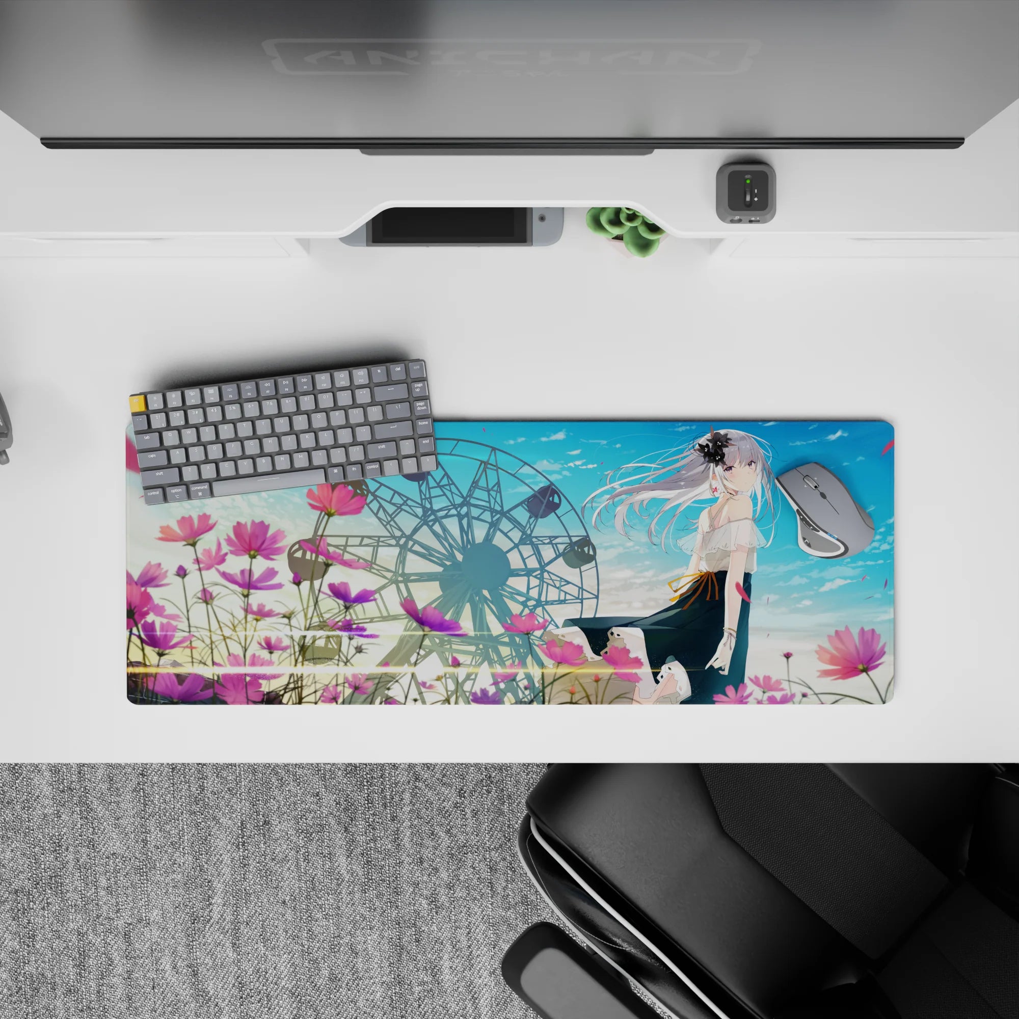 32x12 inches pastel blue and pink anime desk mat, calm romantic vibe with gentle sparkle.