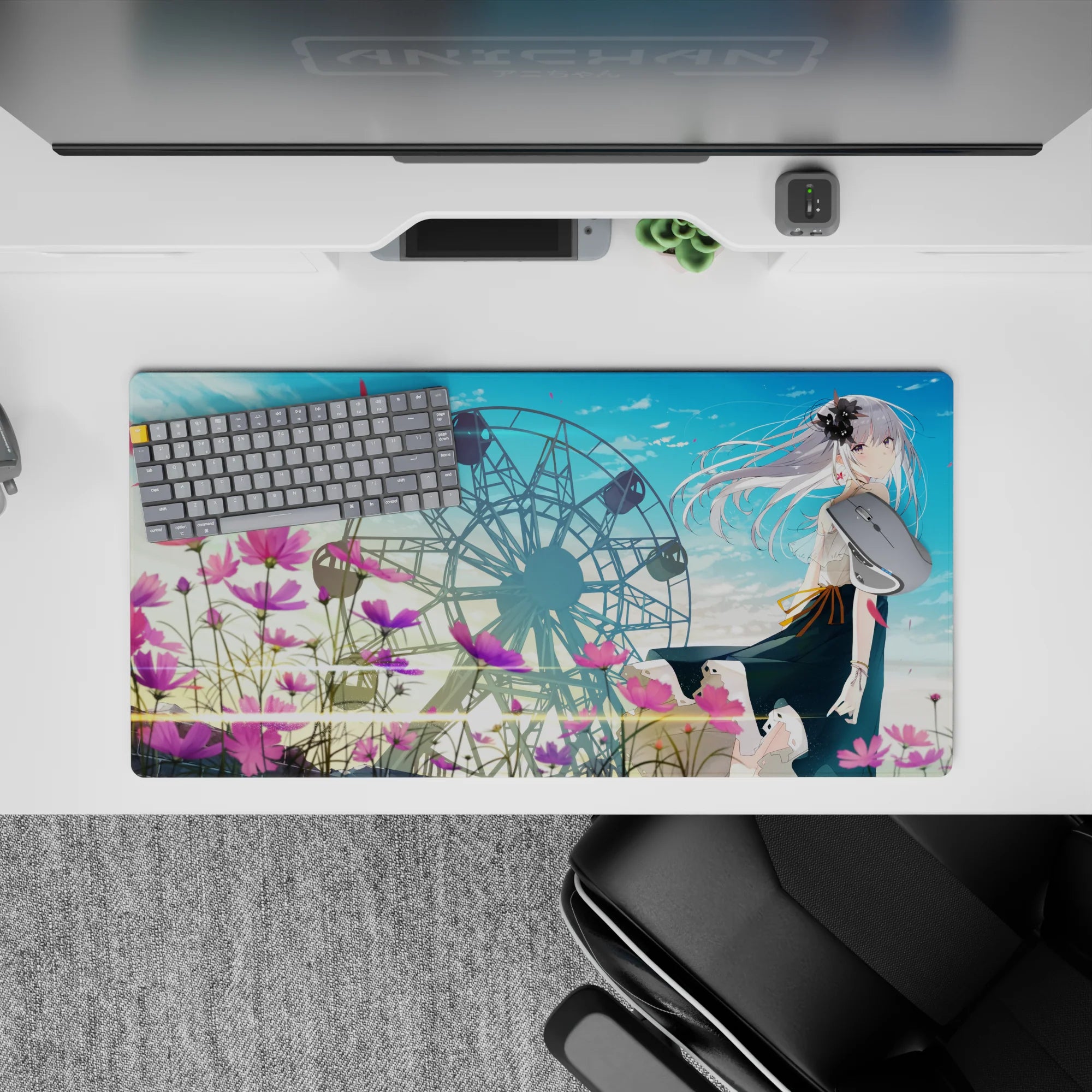 32x16 inches pastel blue and pink anime mouse pad, calm romantic summer vibe with soft clouds and shimmer.