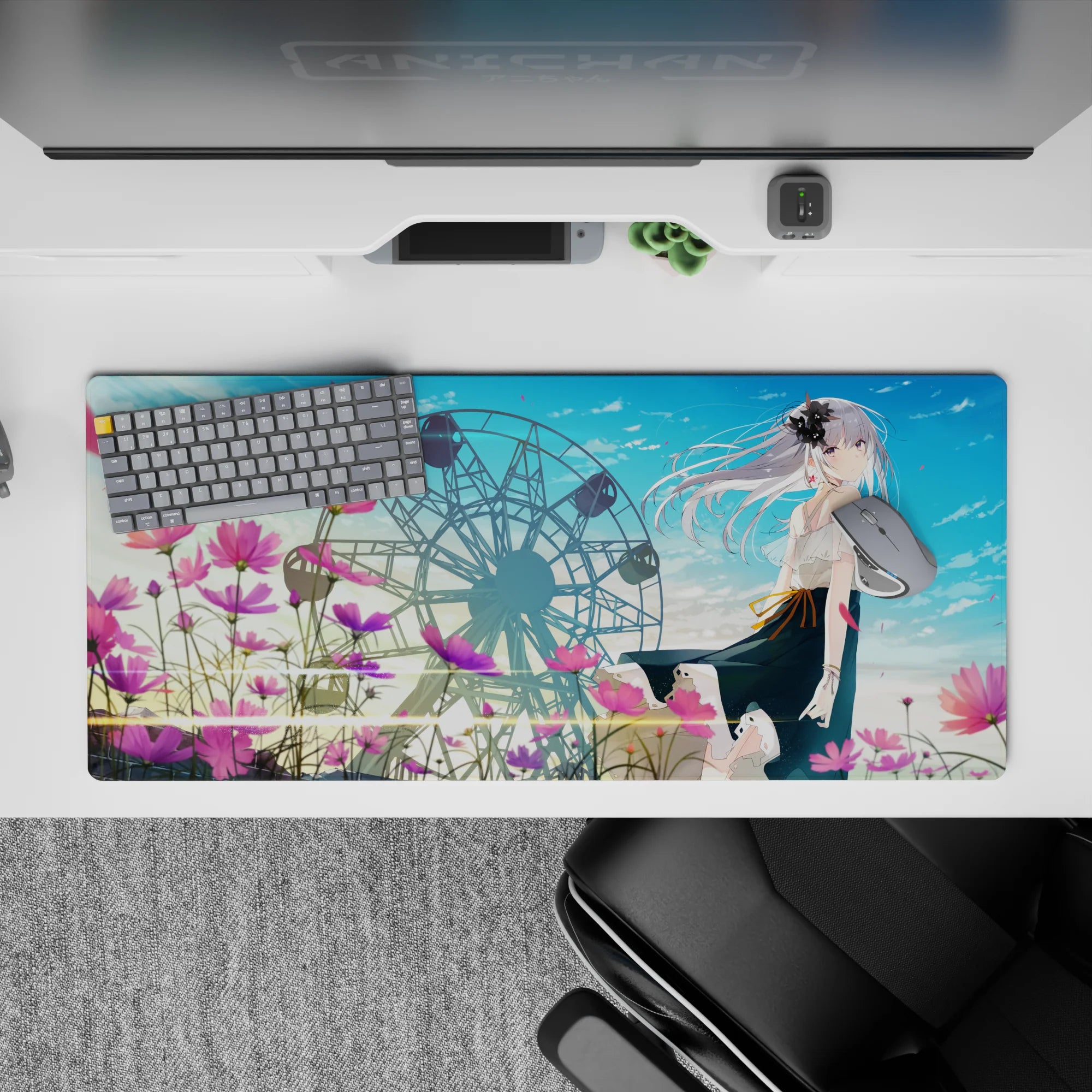 Pastel blue and pink anime girl desk pad 36x16 inches, dreamy romantic summer vibe.
