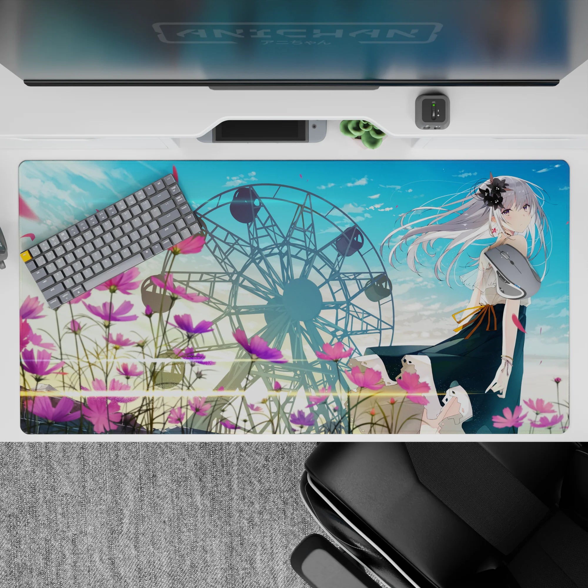 Pastel blue and pink anime desk pad 40x20 inches, calm romantic mood with soft skies and gentle shimmer.
