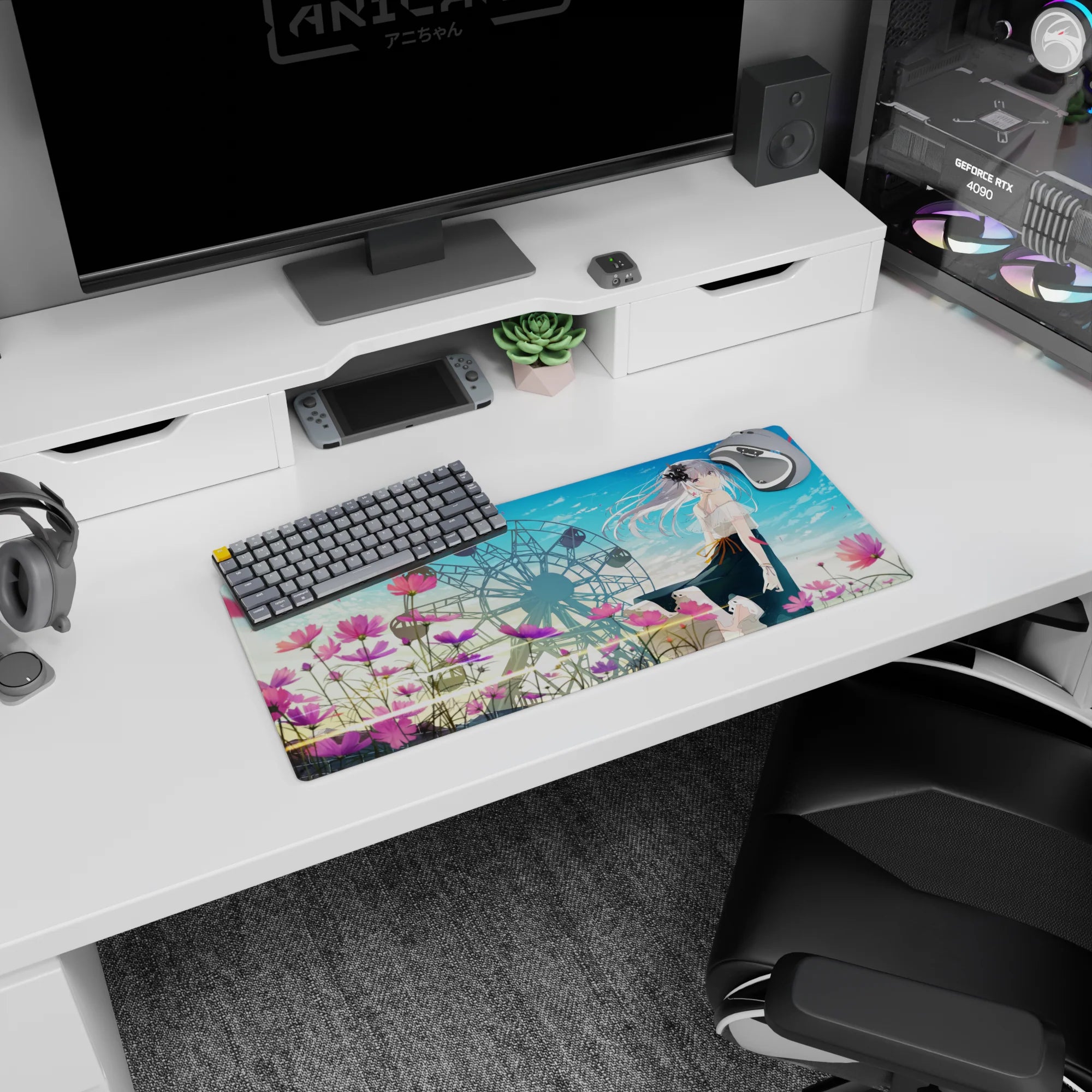 28x12 inches anime mouse pad showing a silver-haired girl by a ferris wheel under soft skies and cosmos.