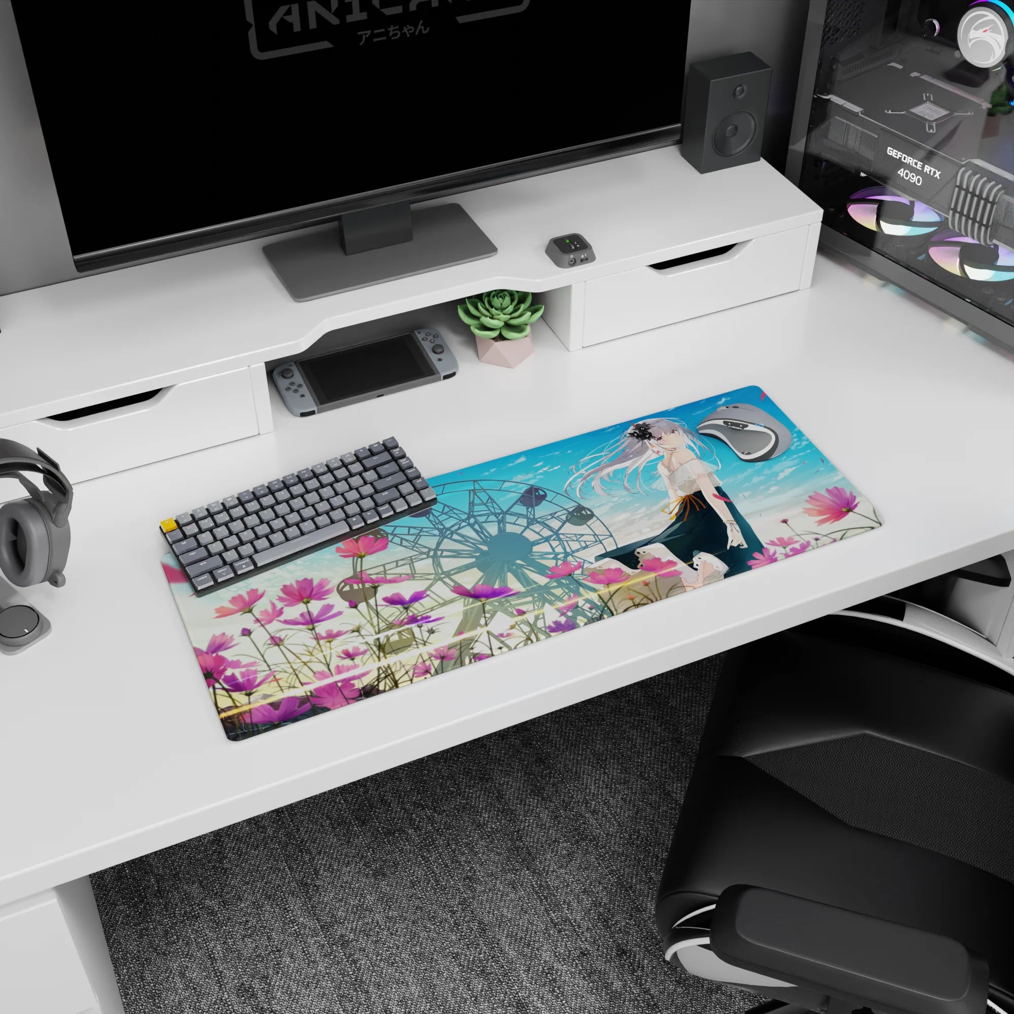 32x12 inches anime mouse pad featuring a silver-haired girl by a ferris wheel in a breezy summer scene.