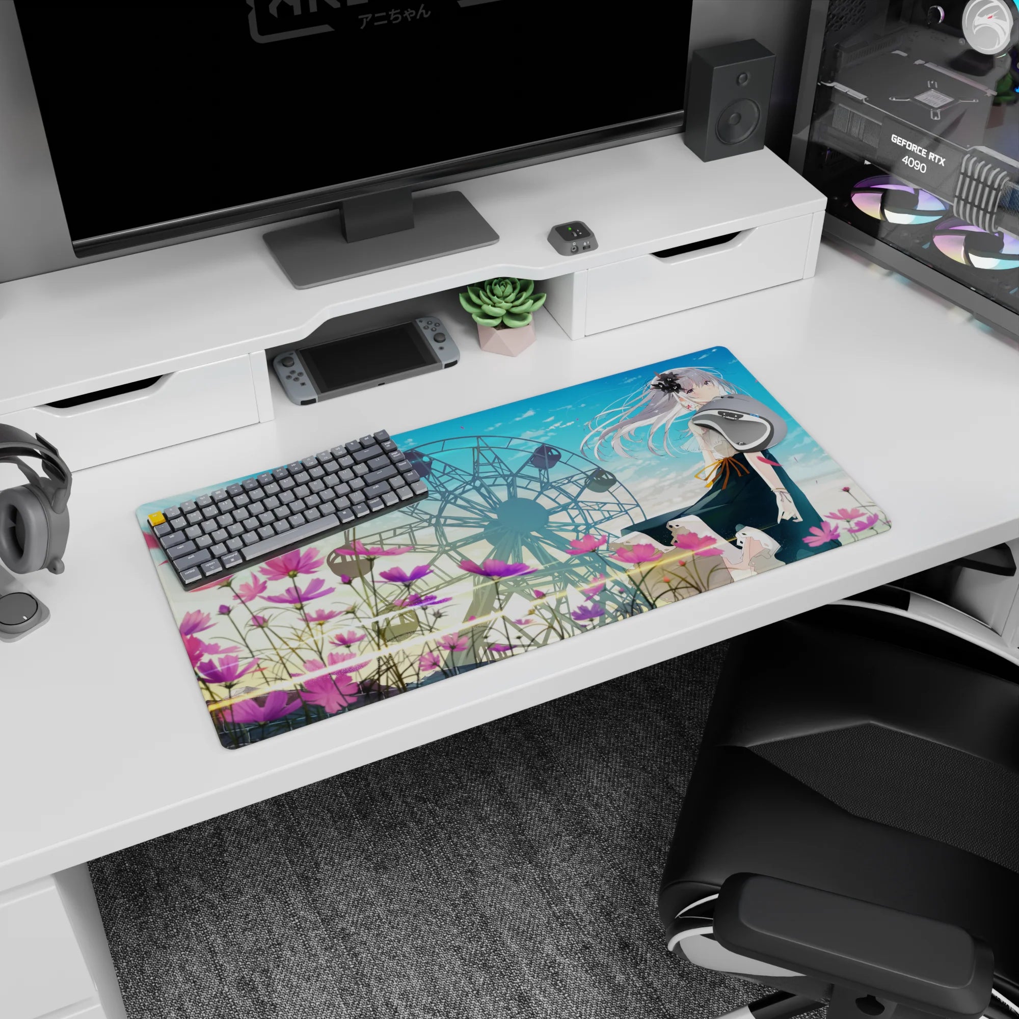 32x16 inches anime girl desk mat showing silver-haired girl watching the breeze by a ferris wheel at dusk.