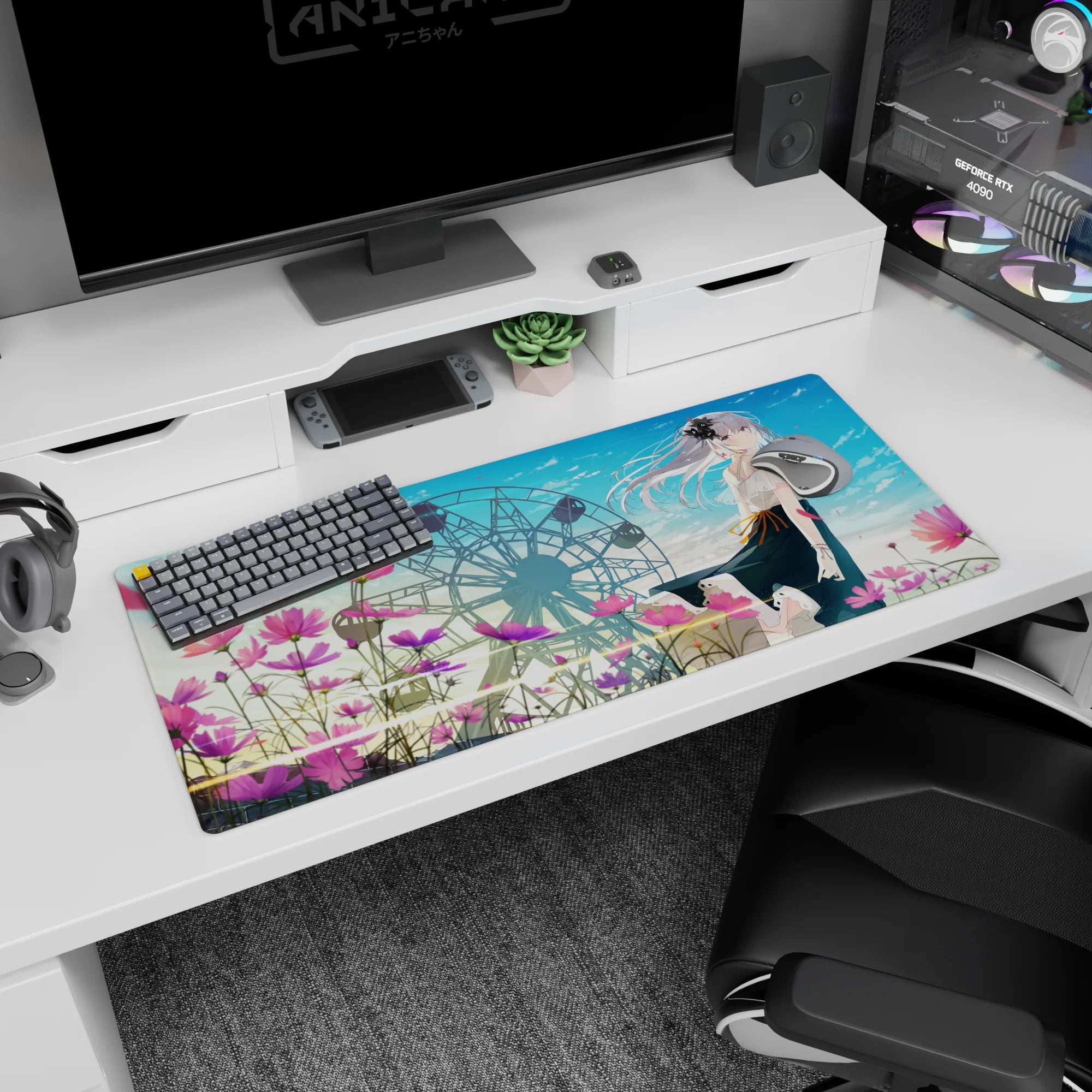Silver-haired anime girl by a ferris wheel desk pad 36x16 inches, soft skies and sparkle.