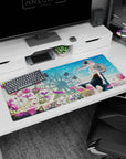 Silver-haired anime girl by a ferris wheel desk pad 36x16 inches, soft skies and sparkle.