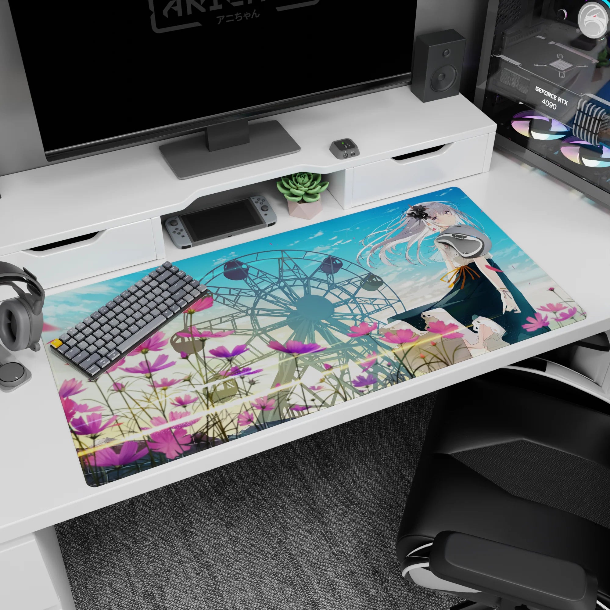 Silver-haired anime girl desk pad 40x20 inches, watching the breeze by a dreamy ferris wheel in summer skies.