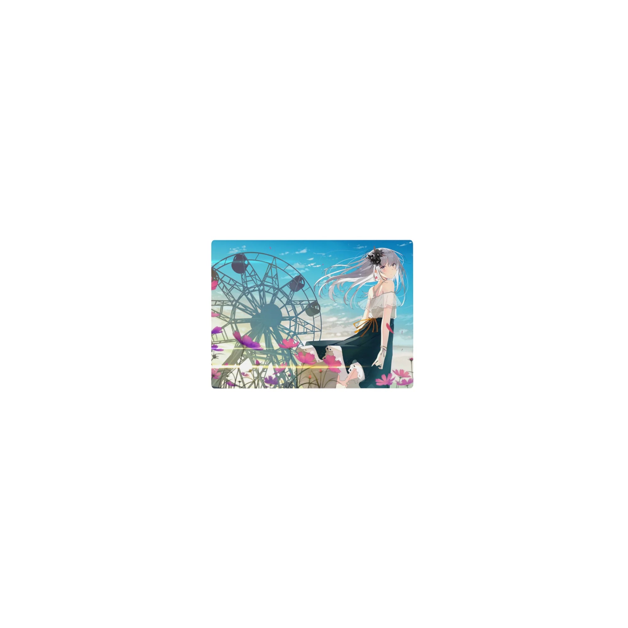 Classic anime girl mouse pad 14x10 inches with dreamy ferris wheel, silver-haired girl, soft sky.