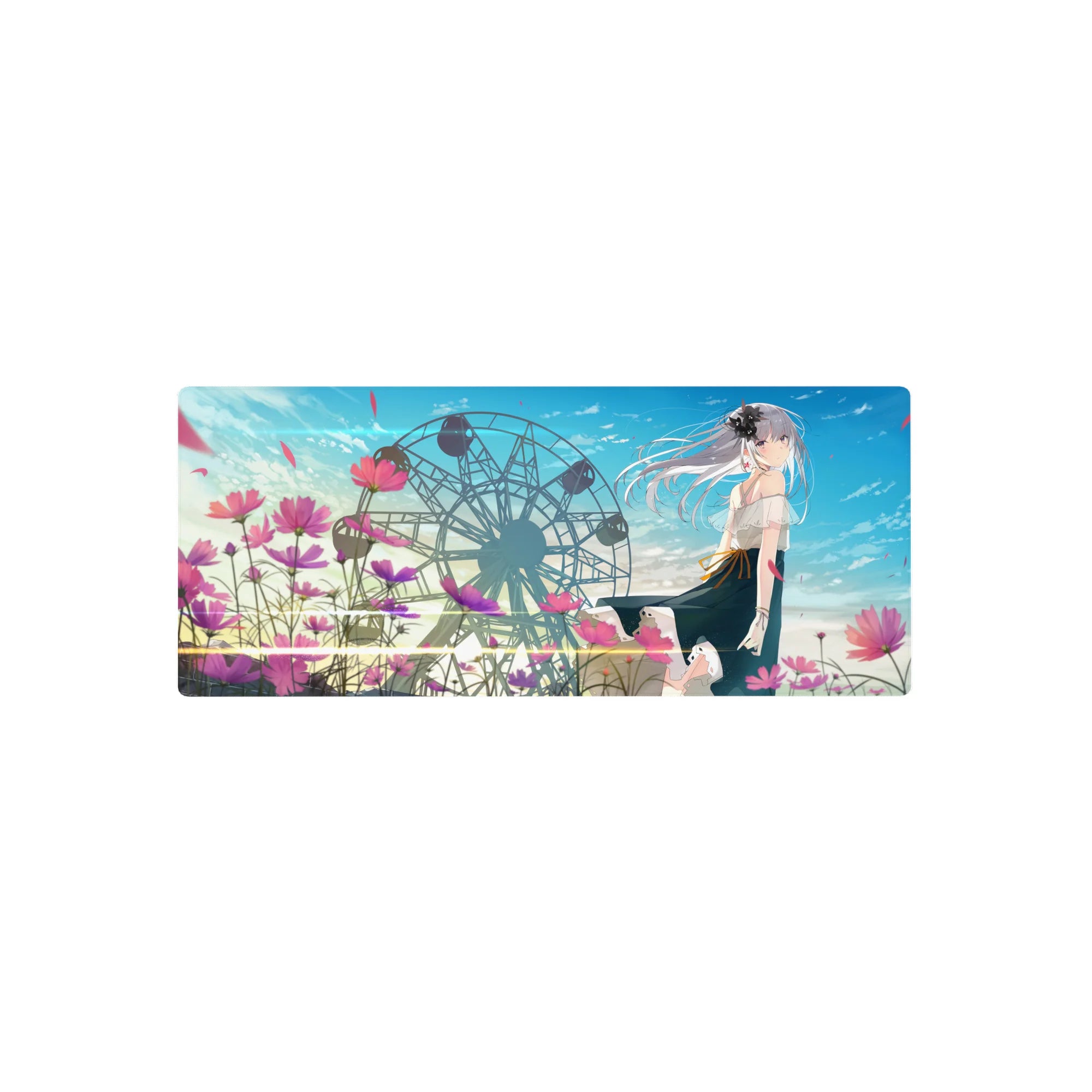 28x12 inches anime girl mouse pad with ferris wheel scene, silver-haired girl, pastel clouds and flowers.