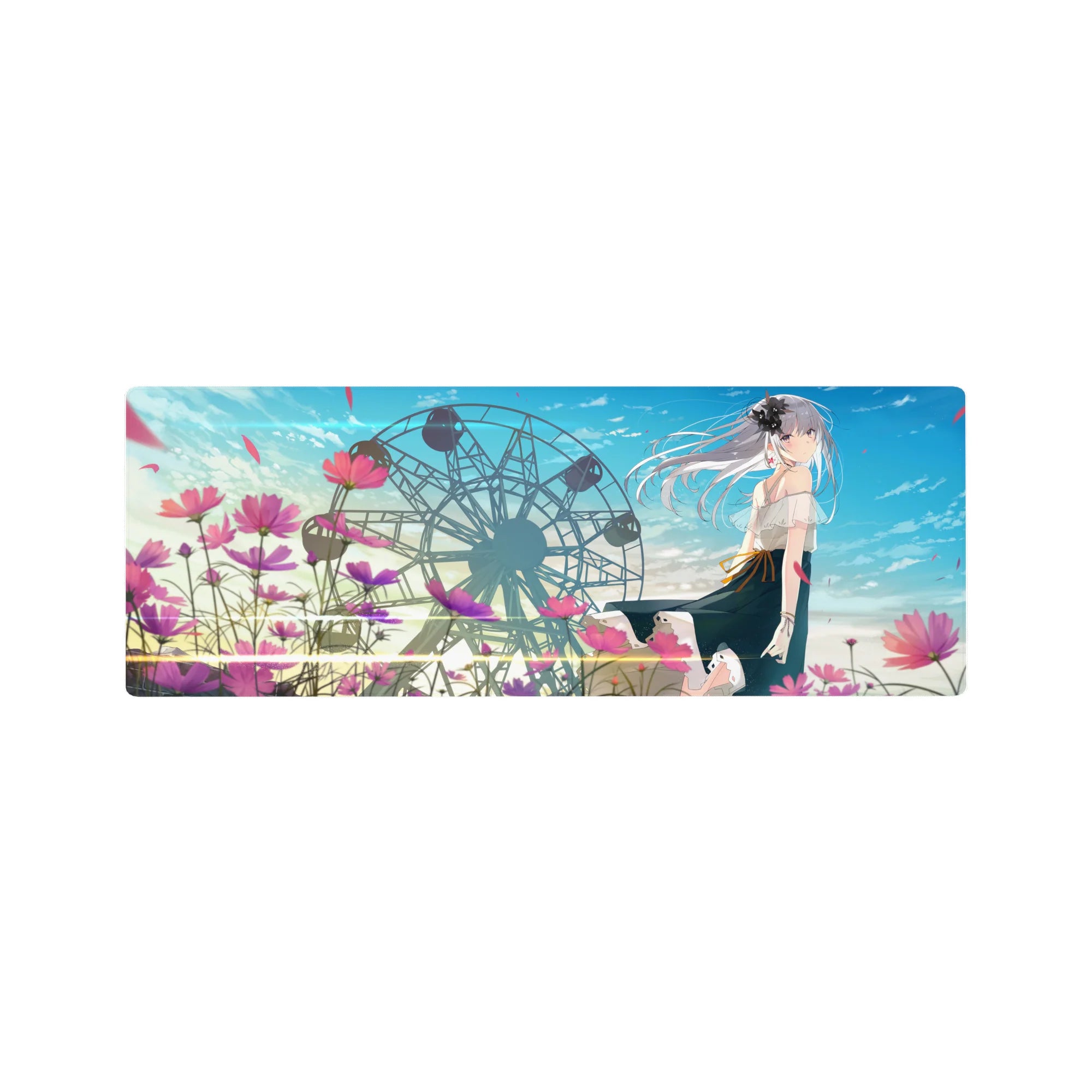 32x12 inches anime girl mouse pad with dreamy ferris wheel, pastel clouds, and cosmos flowers.