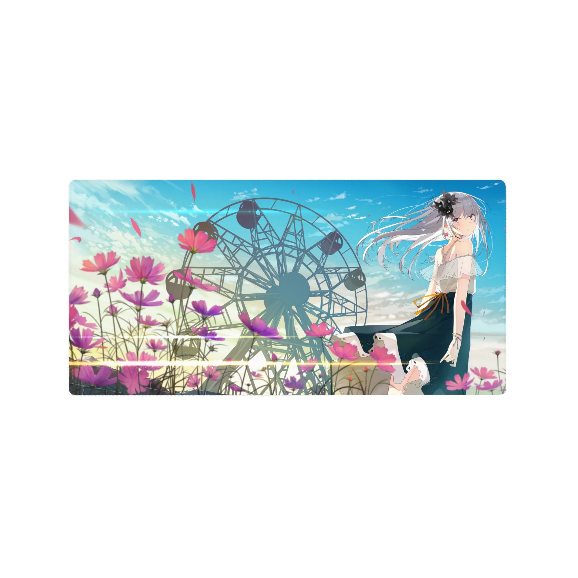 32x16 inches anime girl mouse pad with dreamy ferris wheel, pastel sky, cosmos flowers, and sparkles.