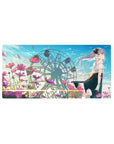 32x16 inches anime girl mouse pad with dreamy ferris wheel, pastel sky, cosmos flowers, and sparkles.
