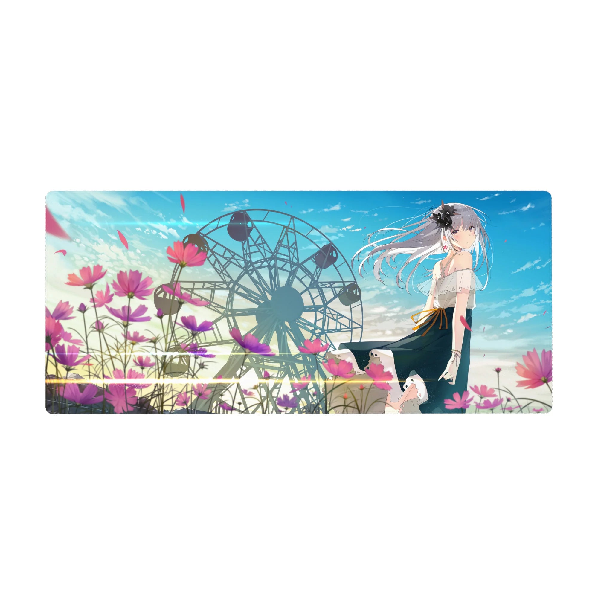 Anime girl desk pad 36x16 inches with ferris wheel, pastel clouds, and cosmos flowers.