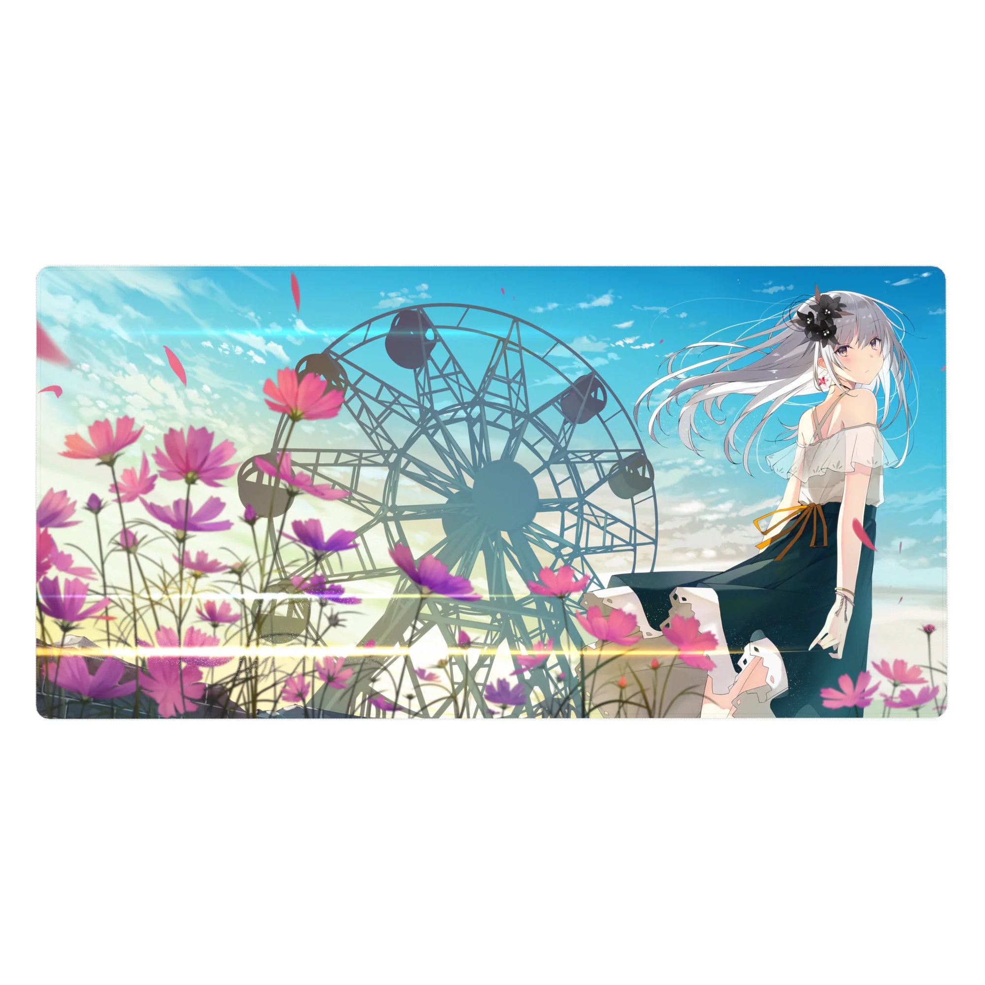 Anime girl desk pad 40x20 inches with ferris wheel, pastel clouds, cosmos flowers, and sparkle accents.