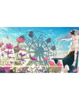 Anime girl desk pad 40x20 inches with ferris wheel, pastel clouds, cosmos flowers, and sparkle accents.