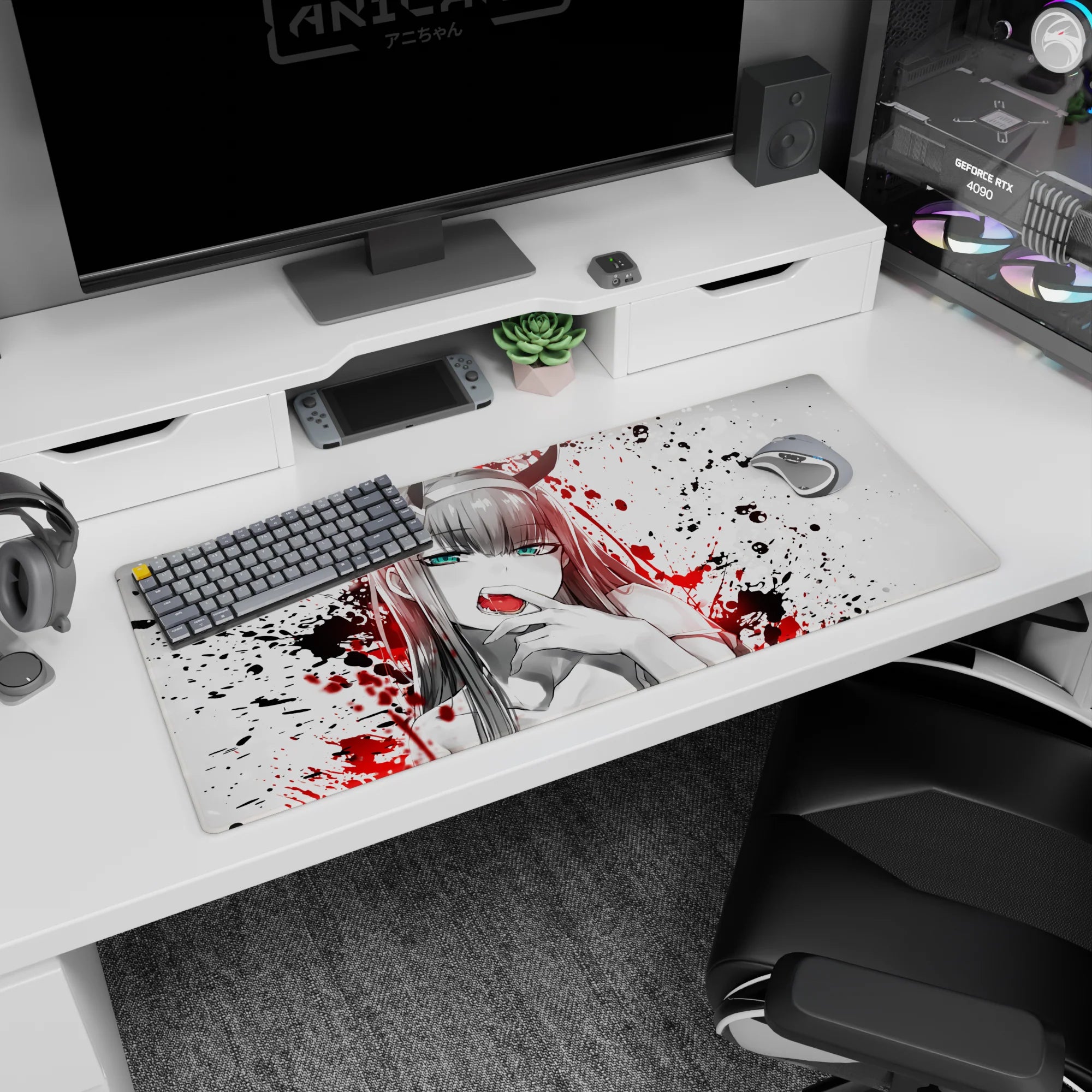 Raw 36x16 anime desk mat with chaotic splatters, bold contrast, and intense energy for a bold desk upgrade