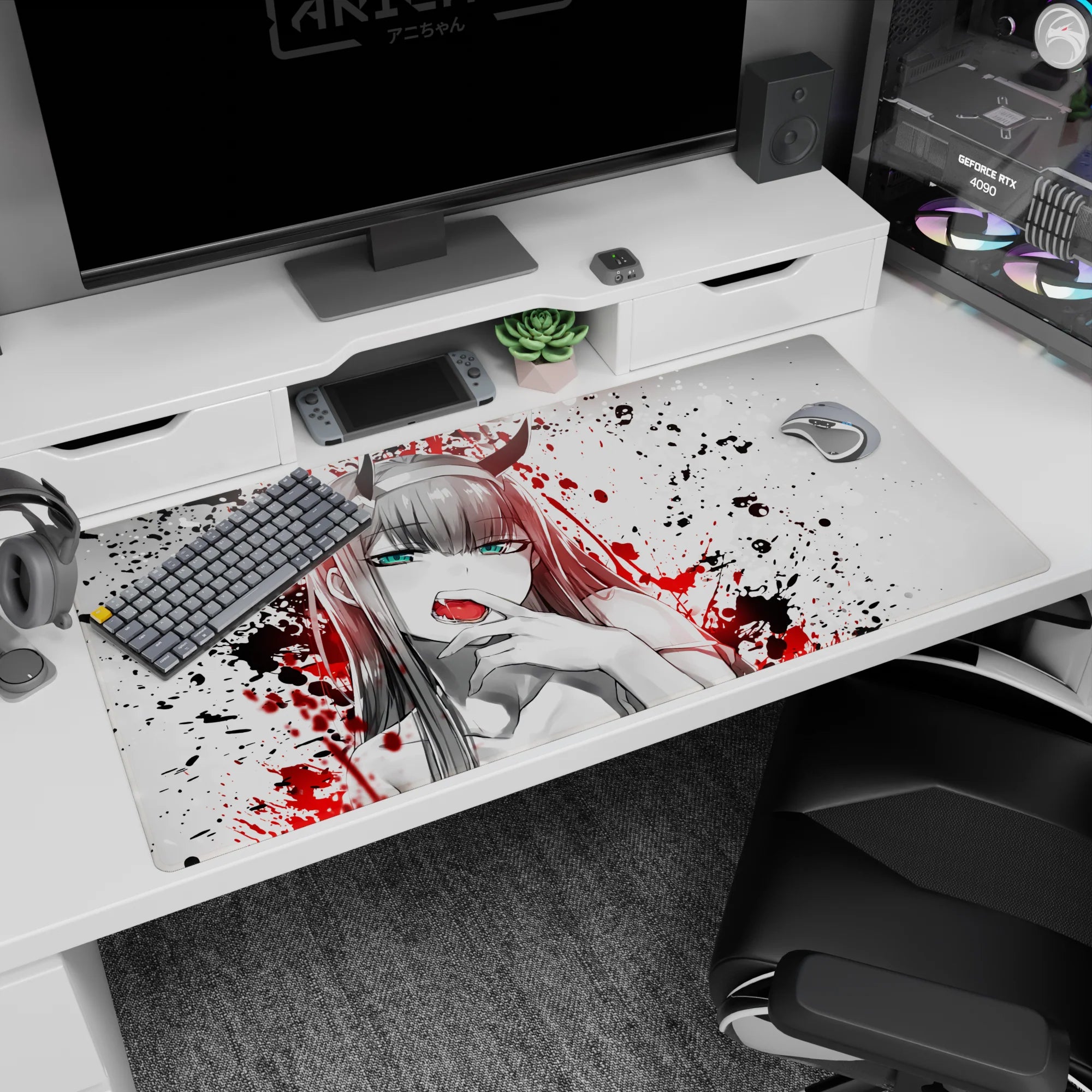 Rebellious 40x20 anime desk mat with chaotic splatters, bold contrast, and intense energy for fierce desk aesthetics