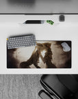 Moody sepia-toned anime girl mouse pad 28x12 inches with misty skies and calm romantic atmosphere.