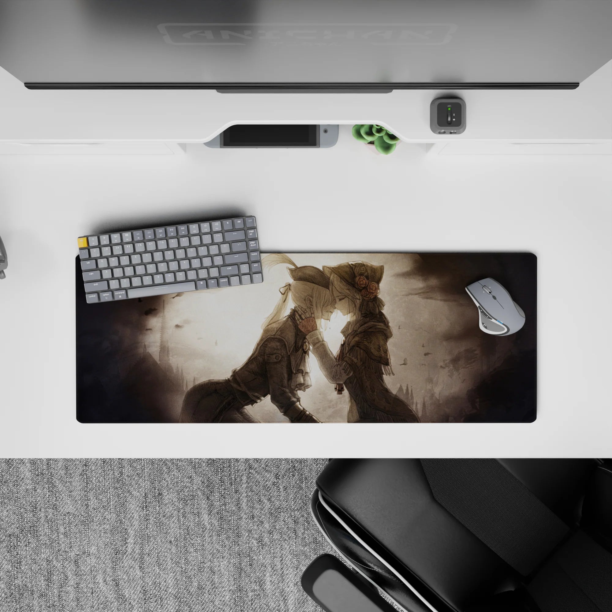 32x12 inches sepia-toned anime girl mouse pad with moody romance, misty sky, and calm vintage vibe.