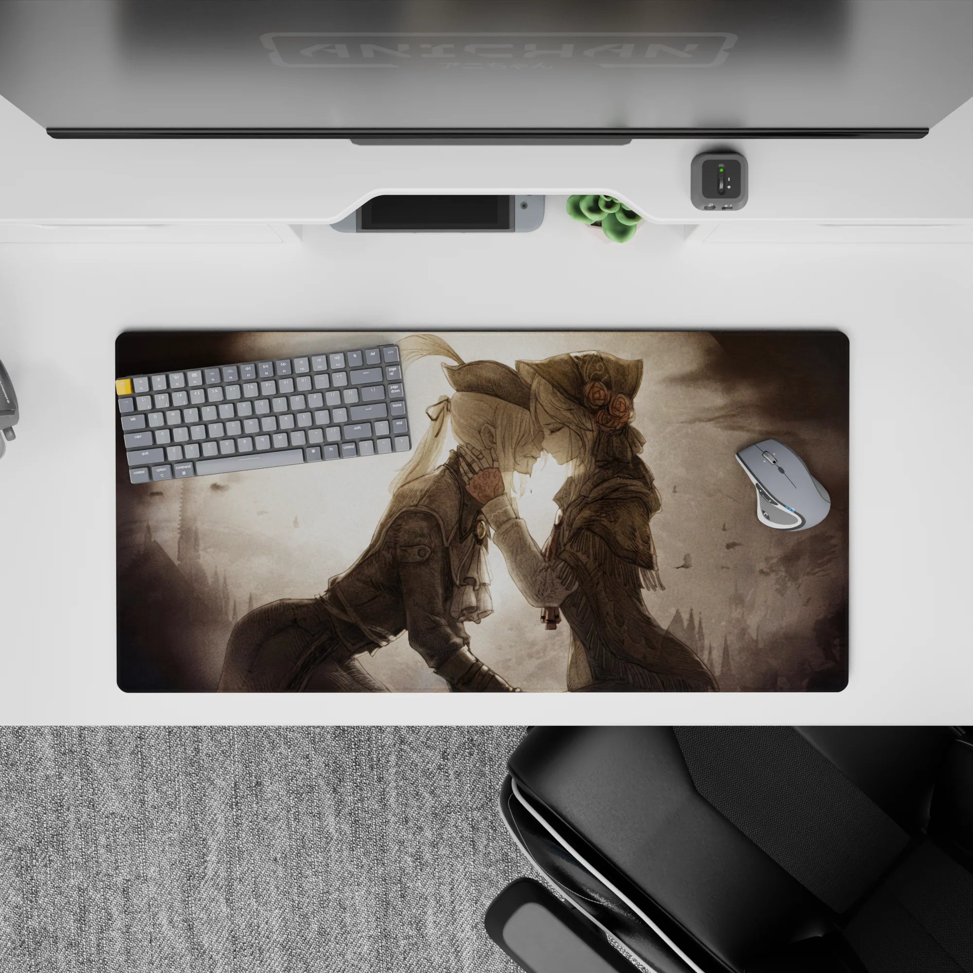 Sepia-toned romantic anime girl mouse pad 32x16 inches with misty skies and calm storybook mood.