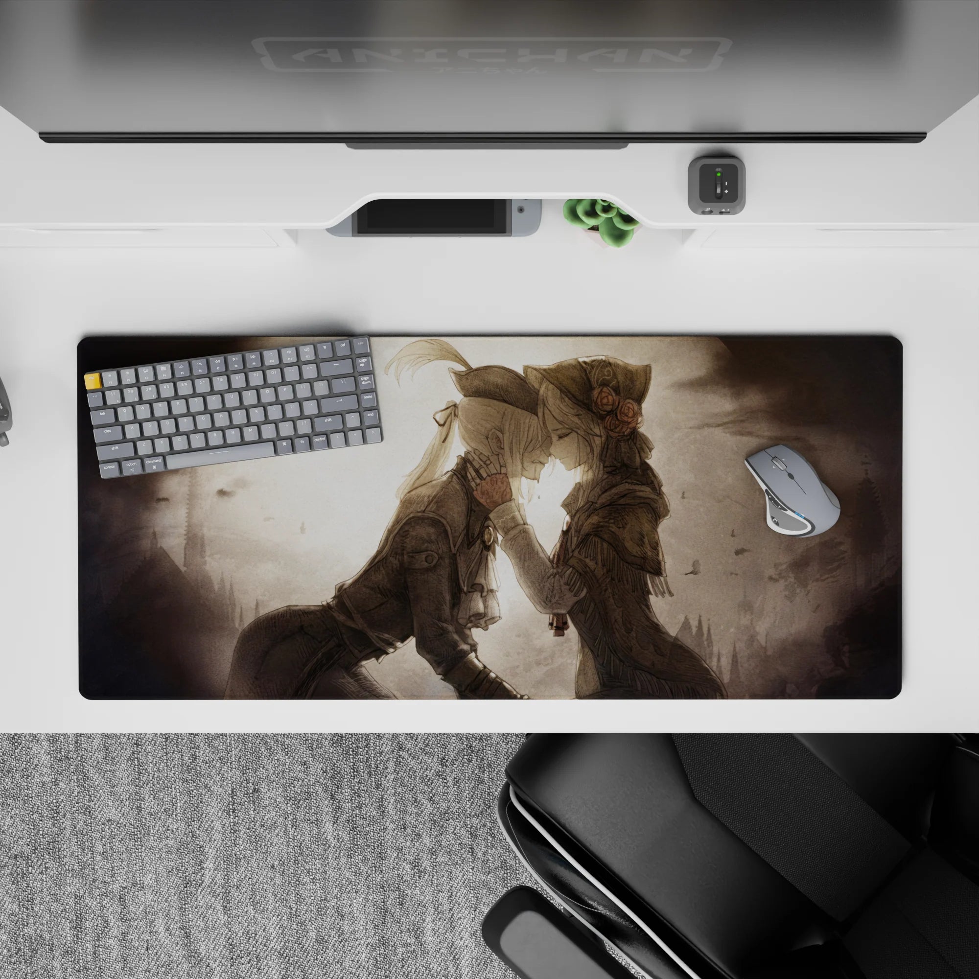 Sepia-toned anime girl desk pad 36x16 inches with moody romance, misty sky, and calm vintage shading.