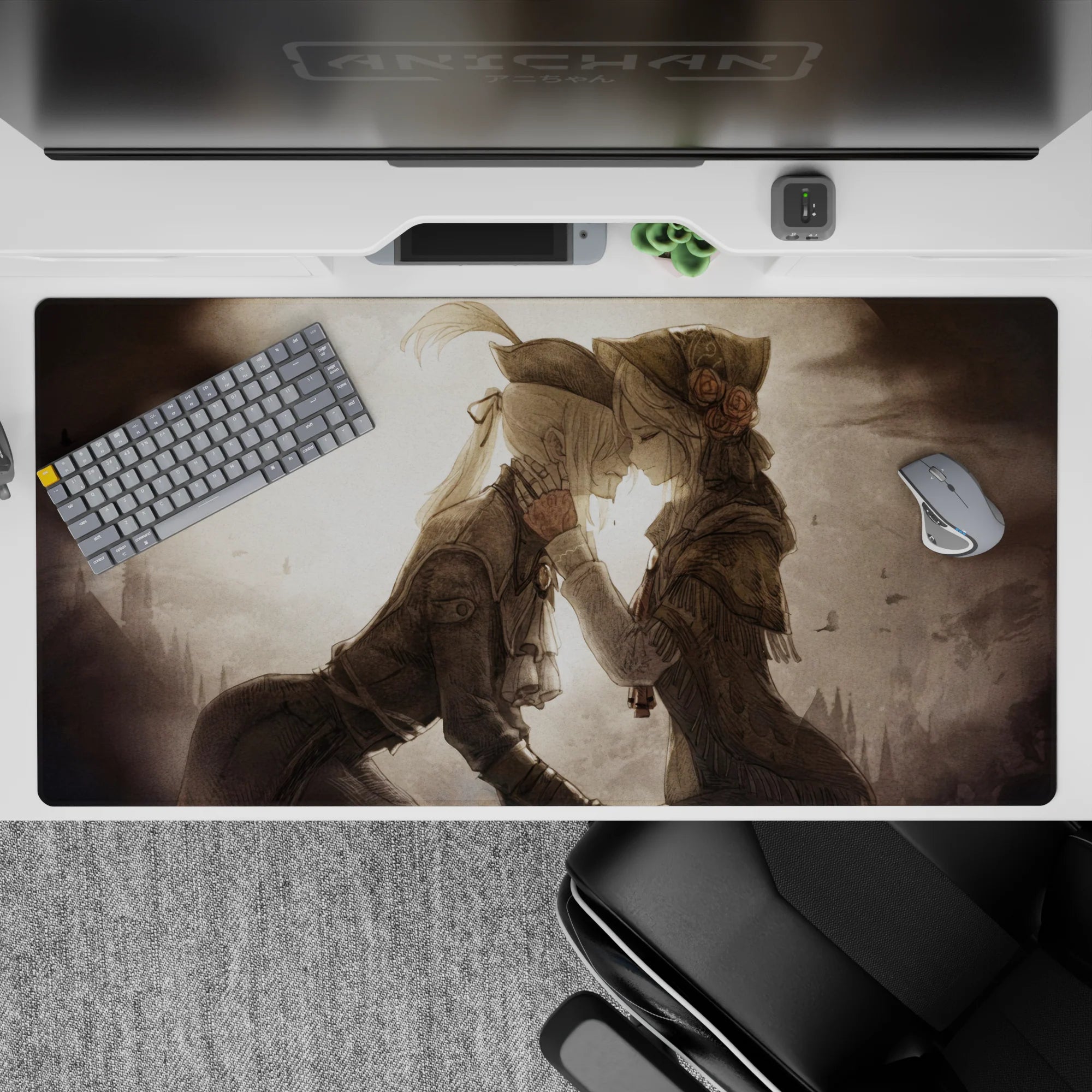 Soft sepia romantic anime desk pad 40x20 inches with misty skies, moody light, and calm vintage tones.