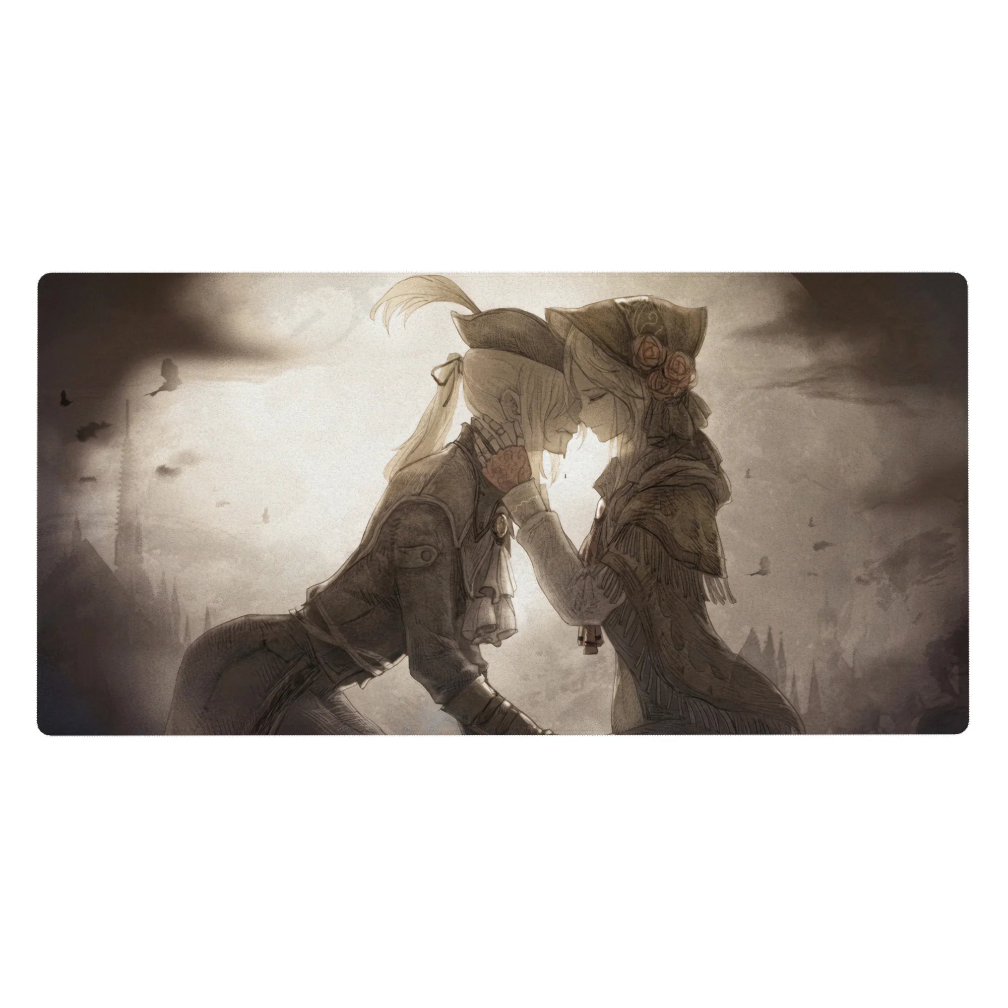 Vintage anime girl desk pad 40x20 inches with two girls, roses, ribbons, and fine line storybook shading.