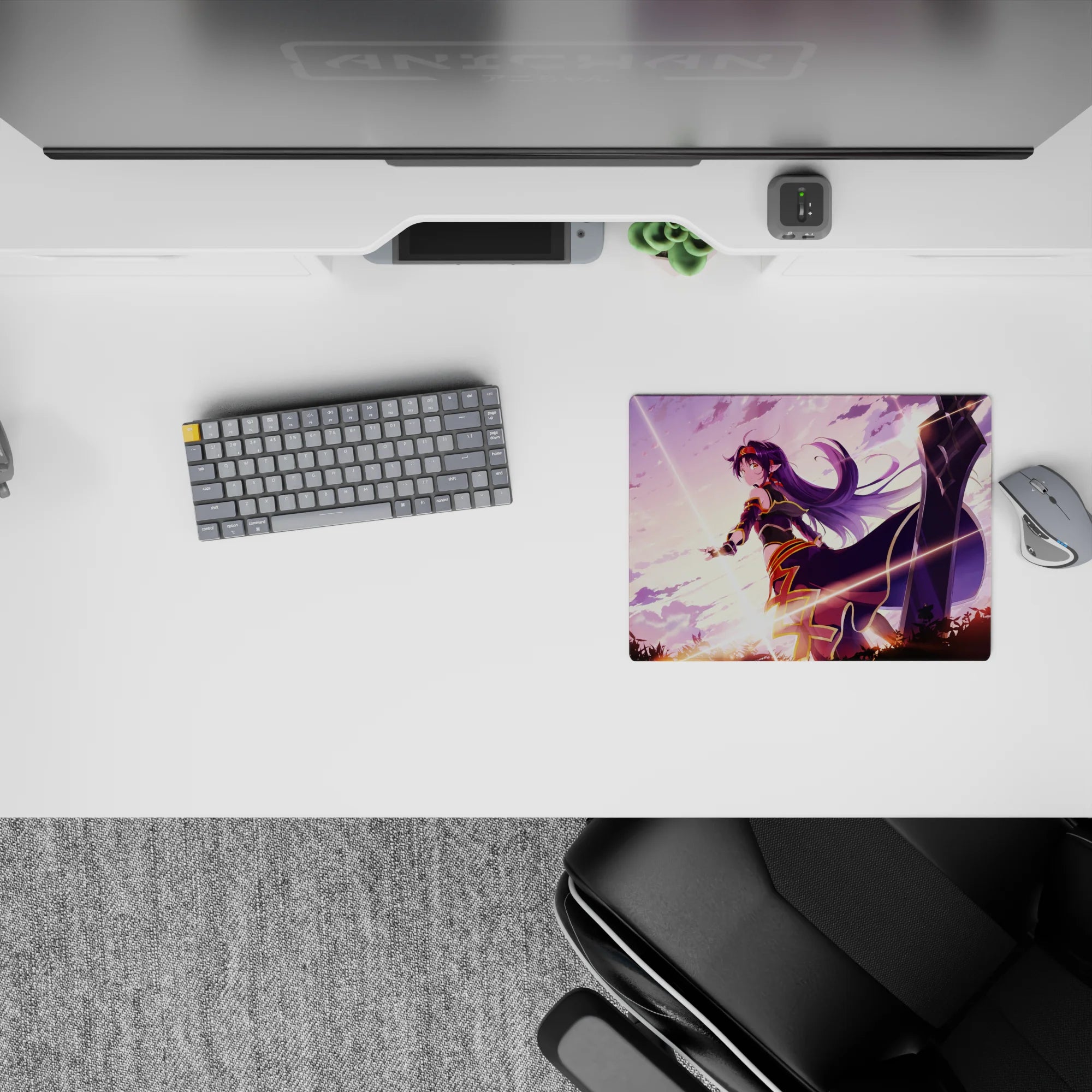 Purple sunrise sky anime mouse pad 14x10 inches with dreamy clouds, cozy glow, and warm streaks.
