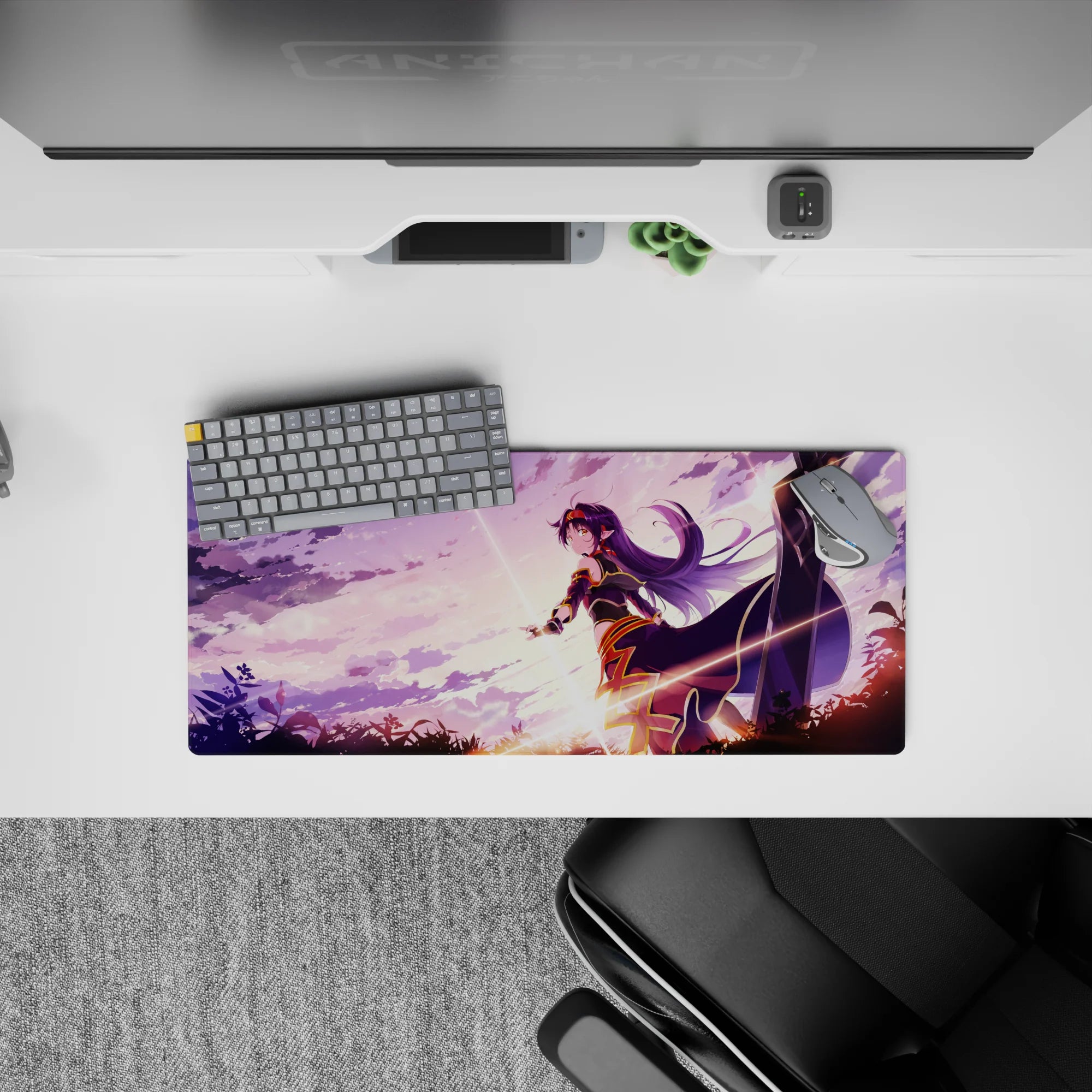 28x12 inches anime girl mouse pad in dreamy purple skies, soft clouds, and warm sunrise glow.