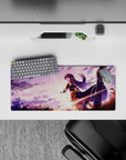 28x12 inches anime girl mouse pad in dreamy purple skies, soft clouds, and warm sunrise glow.