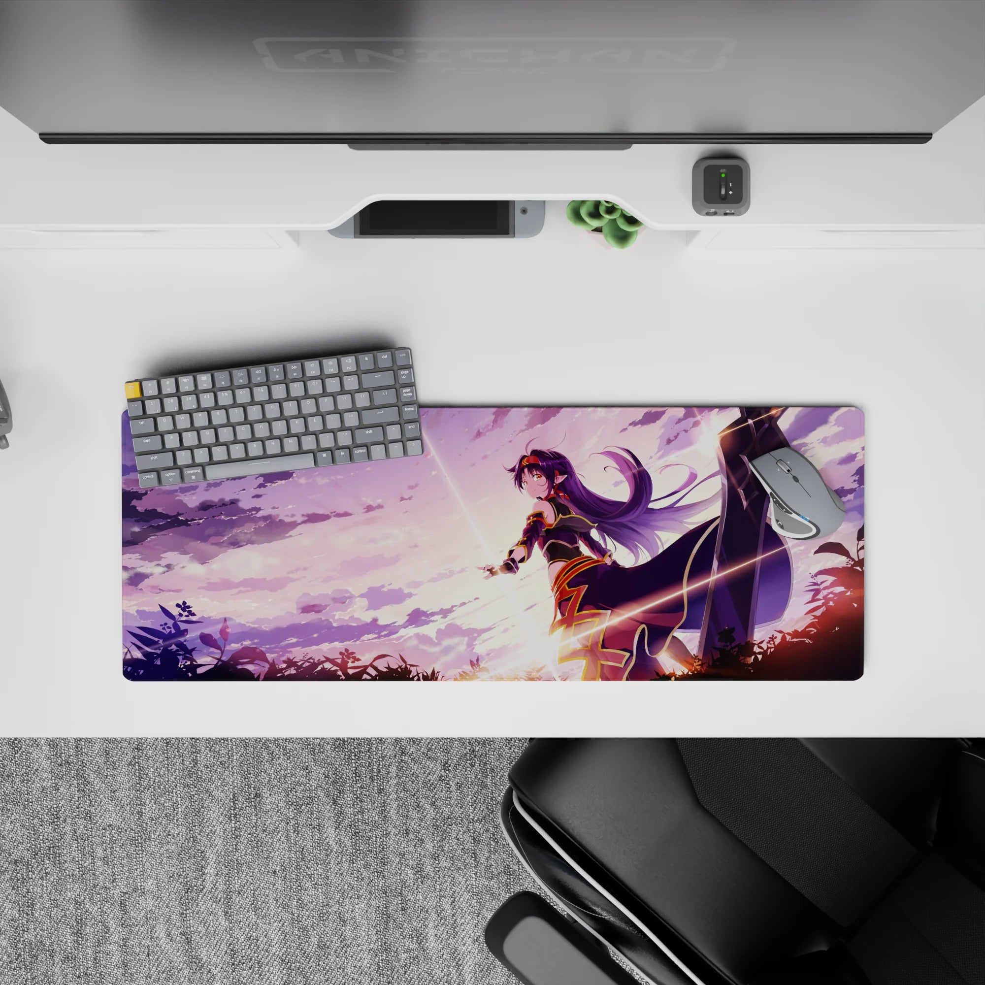 32x12 inches anime girl mouse pad in dreamy purple gradients, soft clouds, warm sunrise streaks.