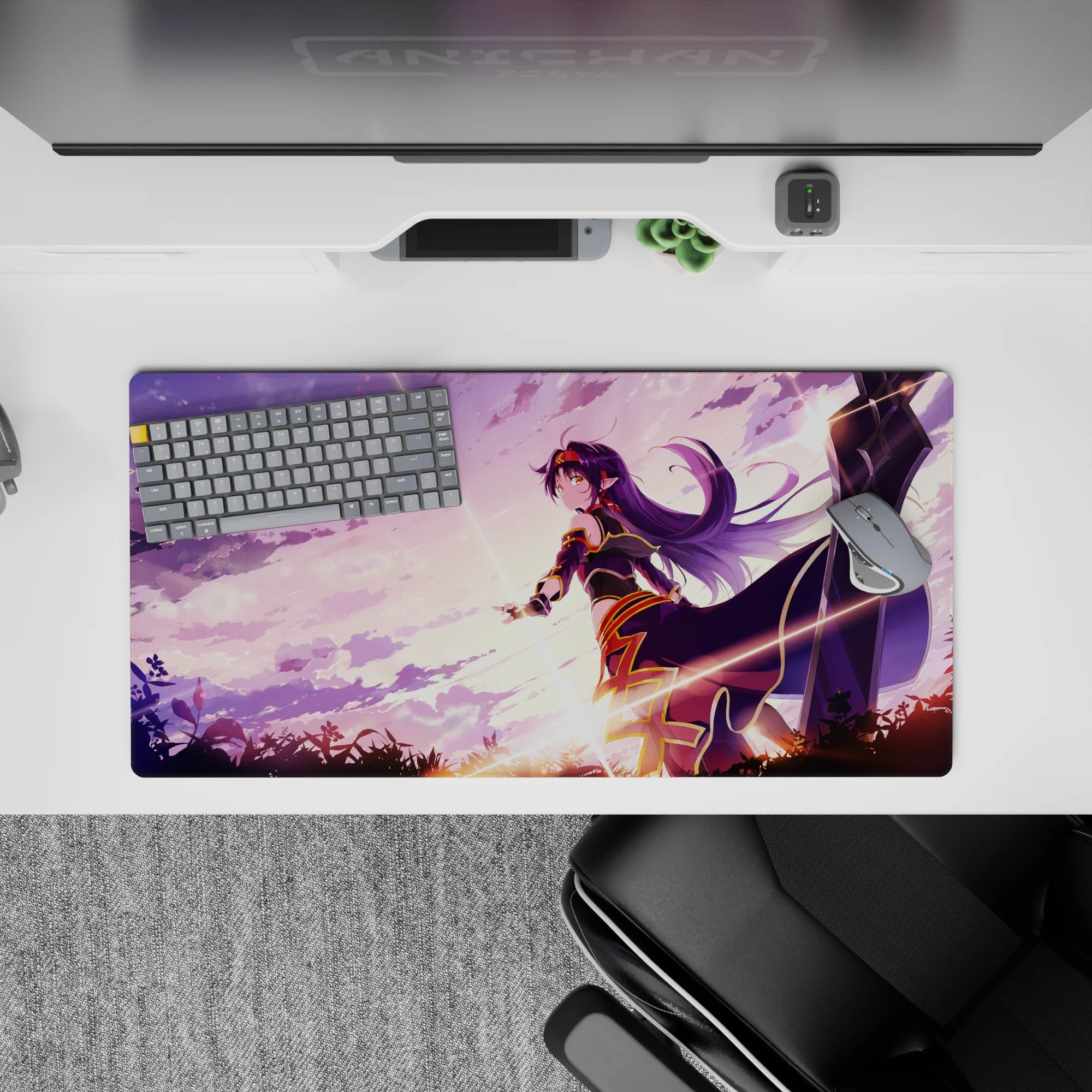 32x16 inches purple gradient mouse pad with soft clouds and warm sunrise streaks, cozy dreamy sparkle.