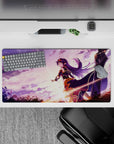 32x16 inches purple gradient mouse pad with soft clouds and warm sunrise streaks, cozy dreamy sparkle.