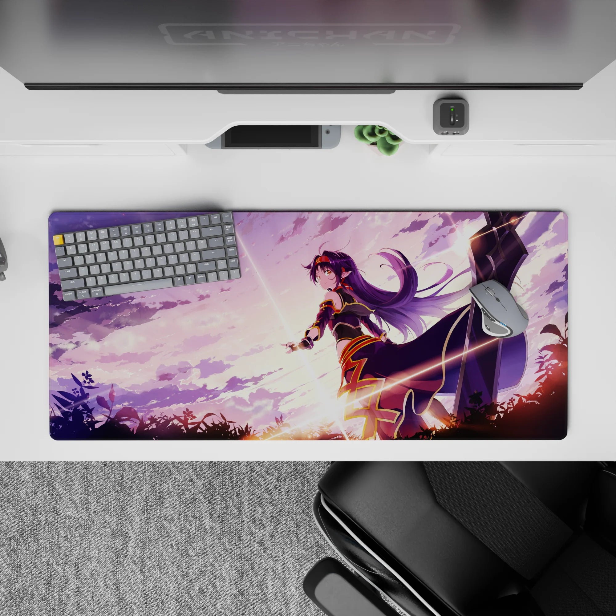 36x16 inches desk pad in dreamy purple sky gradients with soft clouds and warm sunrise streaks.
