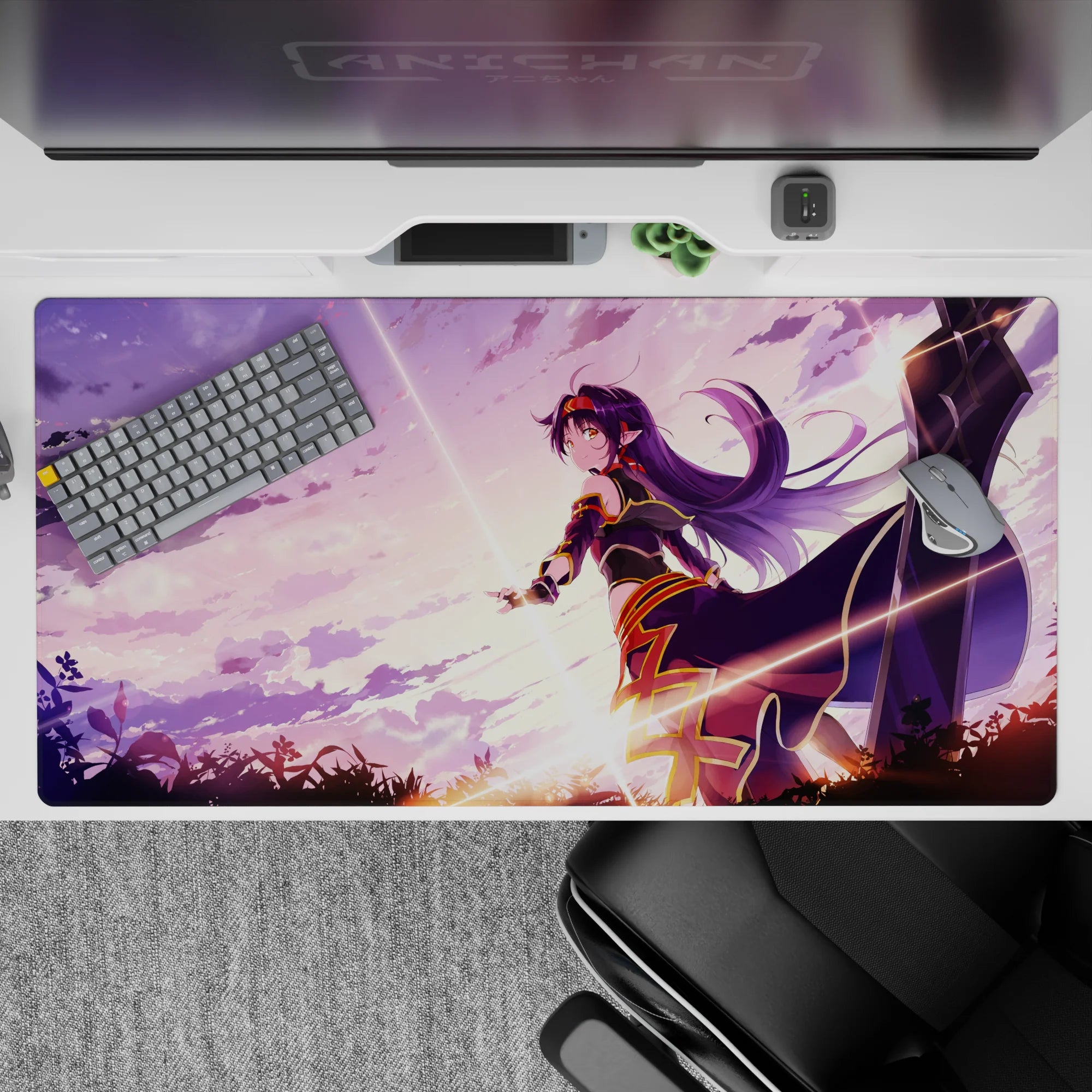 40x20 inches anime desk pad in dreamy purple gradients with soft clouds and warm sunrise glow.