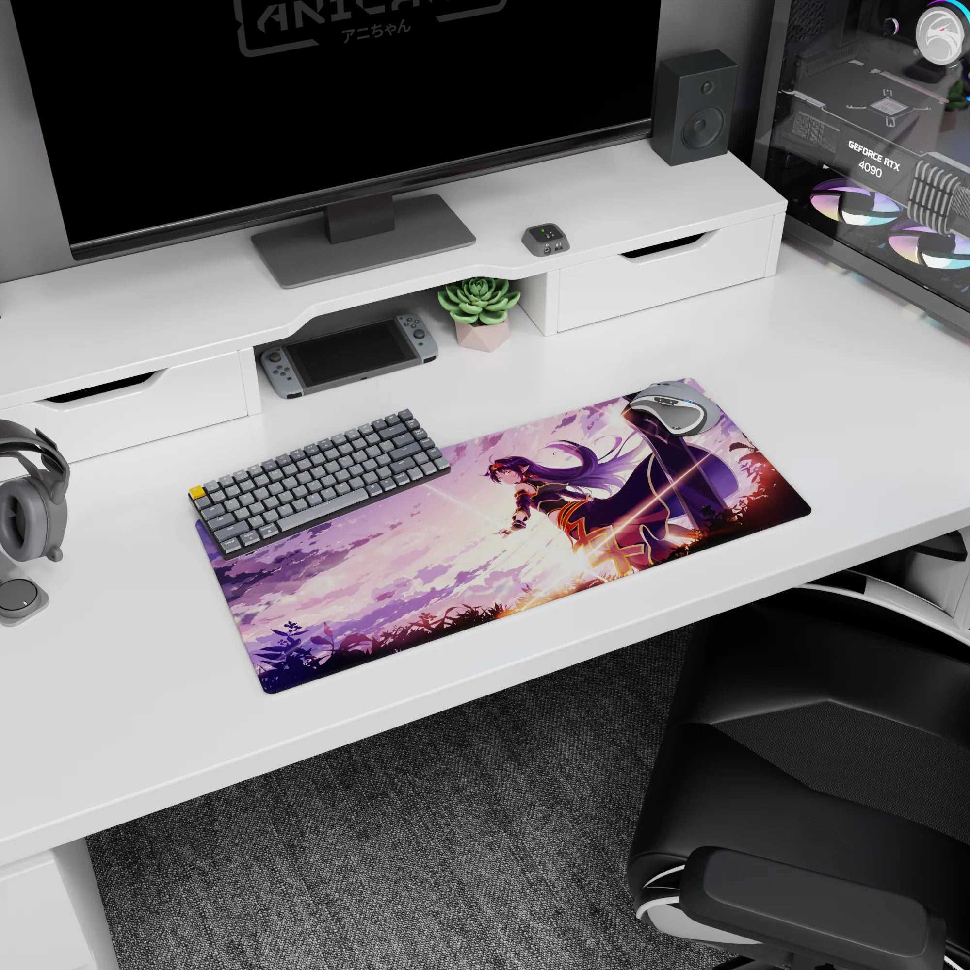 28x12 inches Sword Art Online Asuna mouse pad with confident pose, cape skirt, sunrise sky scene.